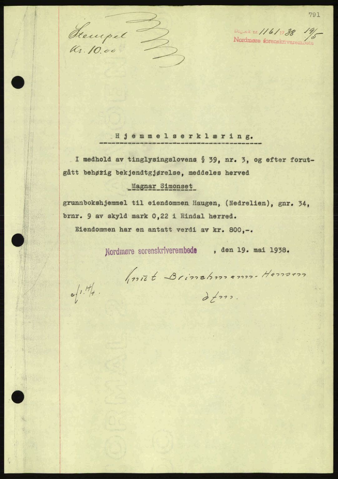 Nordmøre sorenskriveri, SAT/A-4132/1/2/2Ca: Pantebok nr. A83, 1938-1938, Dagboknr: 1161/1938