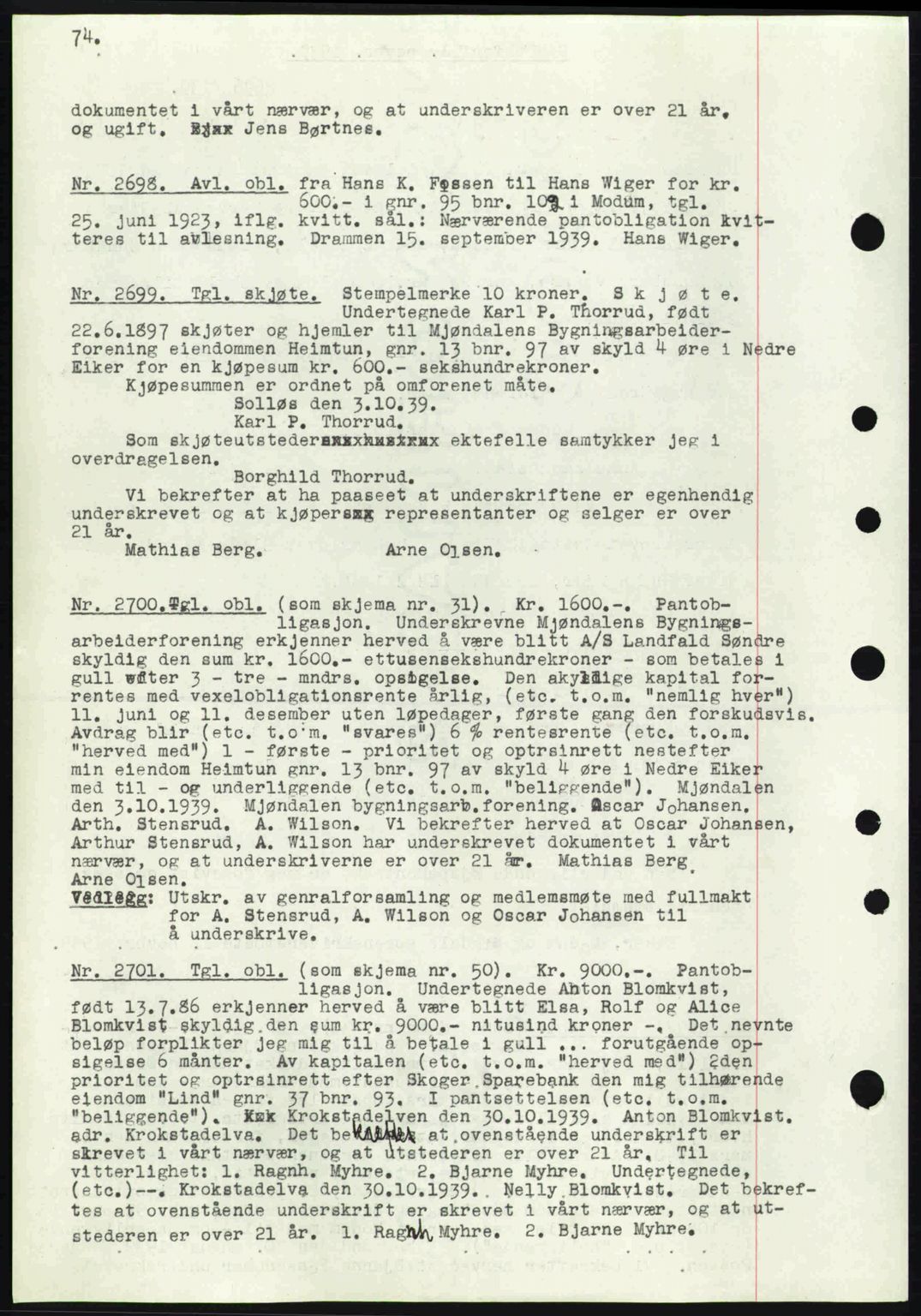 Eiker, Modum og Sigdal sorenskriveri, SAKO/A-123/G/Ga/Gab/L0041: Pantebok nr. A11, 1939-1940, Dagboknr: 2698/1939