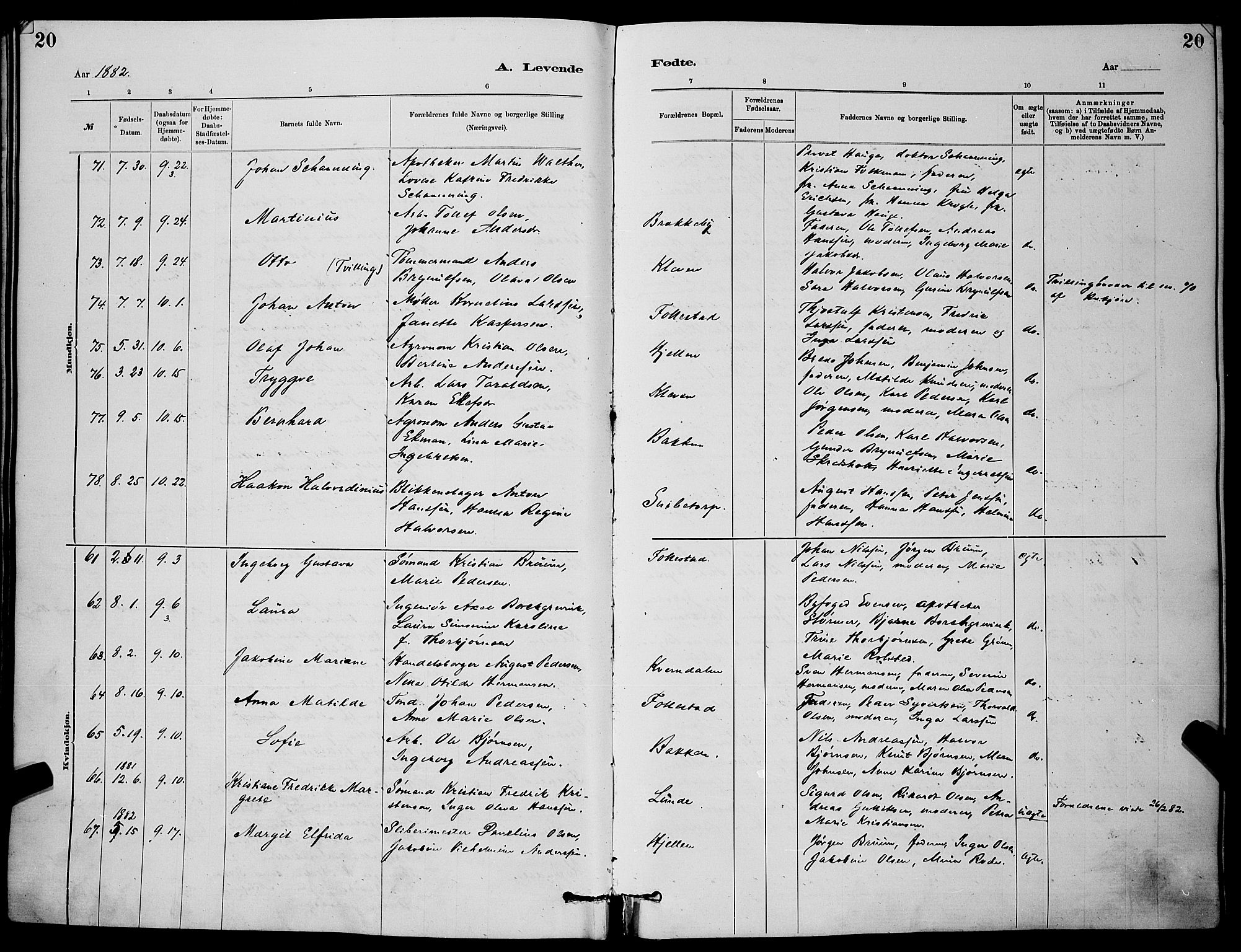 Skien kirkebøker, AV/SAKO-A-302/G/Ga/L0006: Klokkerbok nr. 6, 1881-1890, s. 20