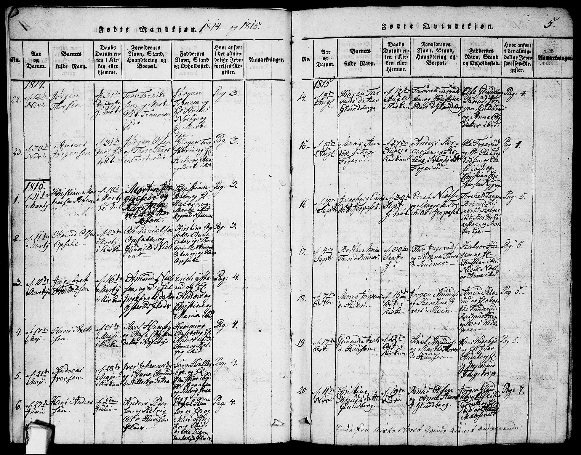 Rødenes prestekontor Kirkebøker, AV/SAO-A-2005/G/Ga/L0001: Klokkerbok nr.  I 1, 1814-1841, s. 5