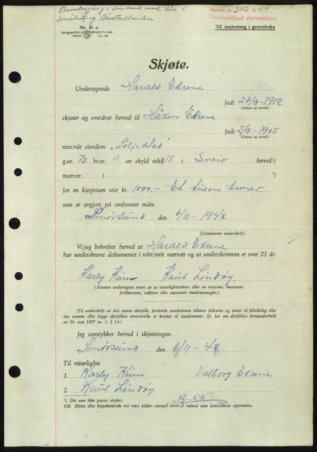 Sunnhordland sorenskrivar, AV/SAB-A-2401: Pantebok nr. A88, 1948-1949, Dagboknr: 343/1949