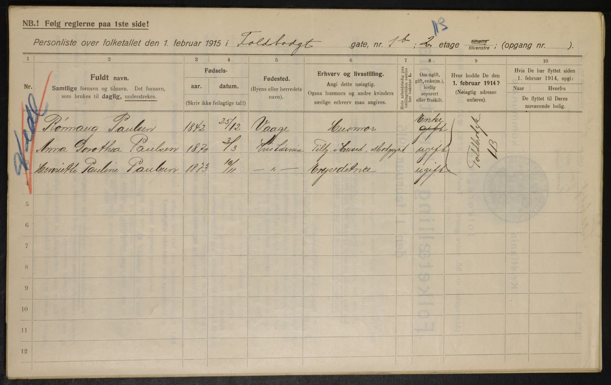 OBA, Kommunal folketelling 1.2.1915 for Kristiania, 1915, s. 113500