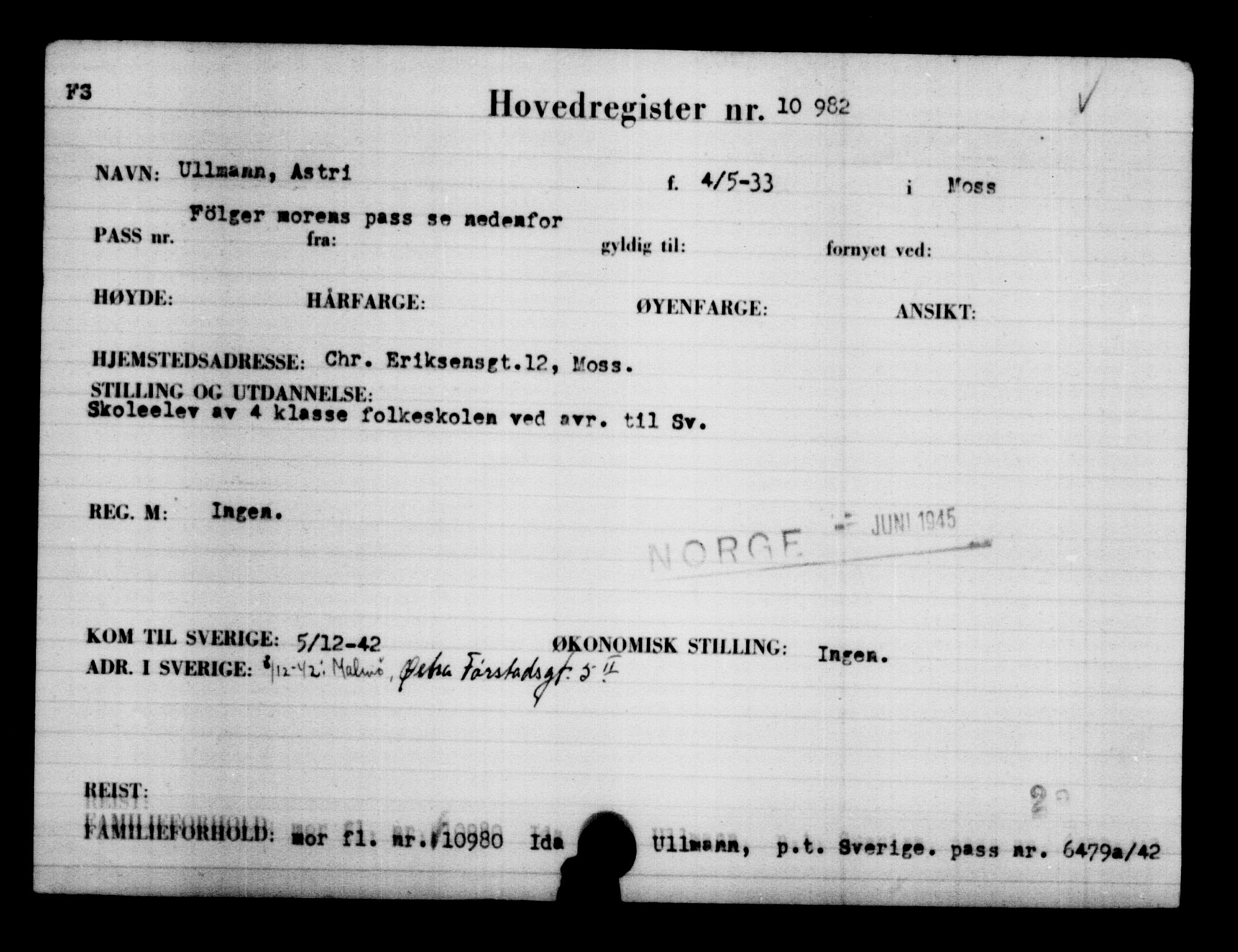 Utenriksstasjonene, Legasjonen i Stockholm, Flyktningkontoret, AV/RA-S-6753/V/Va/L0006: Kjesäterkartoteket, flyktninger med registreringsnr. 9400-12711, 1940-1945, s. 1804