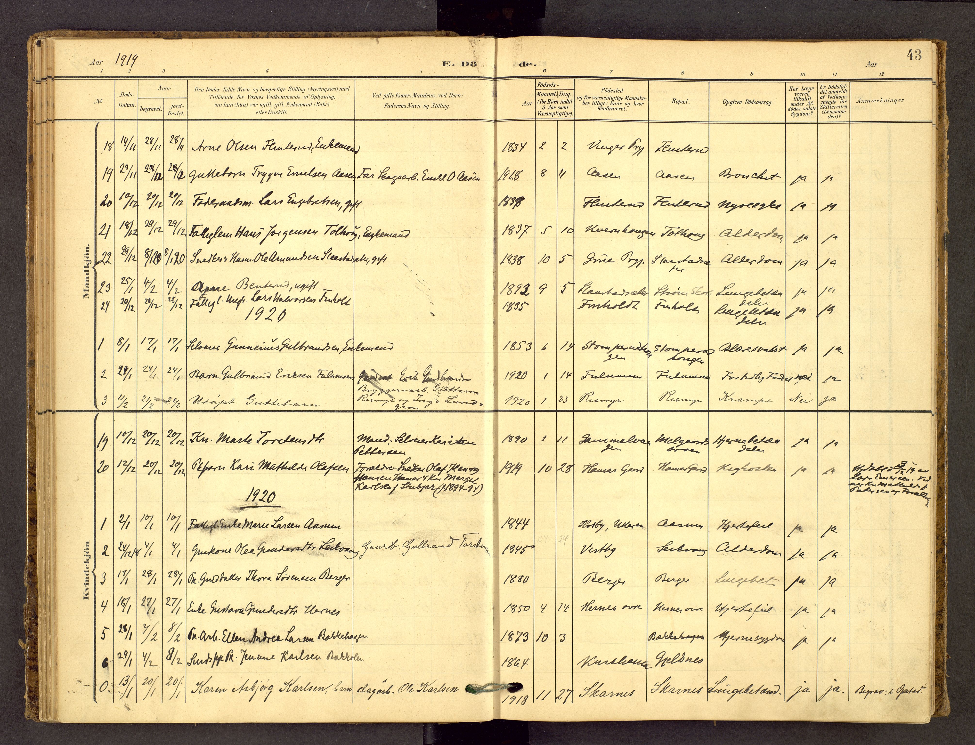 Sør-Odal prestekontor, AV/SAH-PREST-030/H/Ha/Haa/L0010: Ministerialbok nr. 10, 1907-1968, s. 43