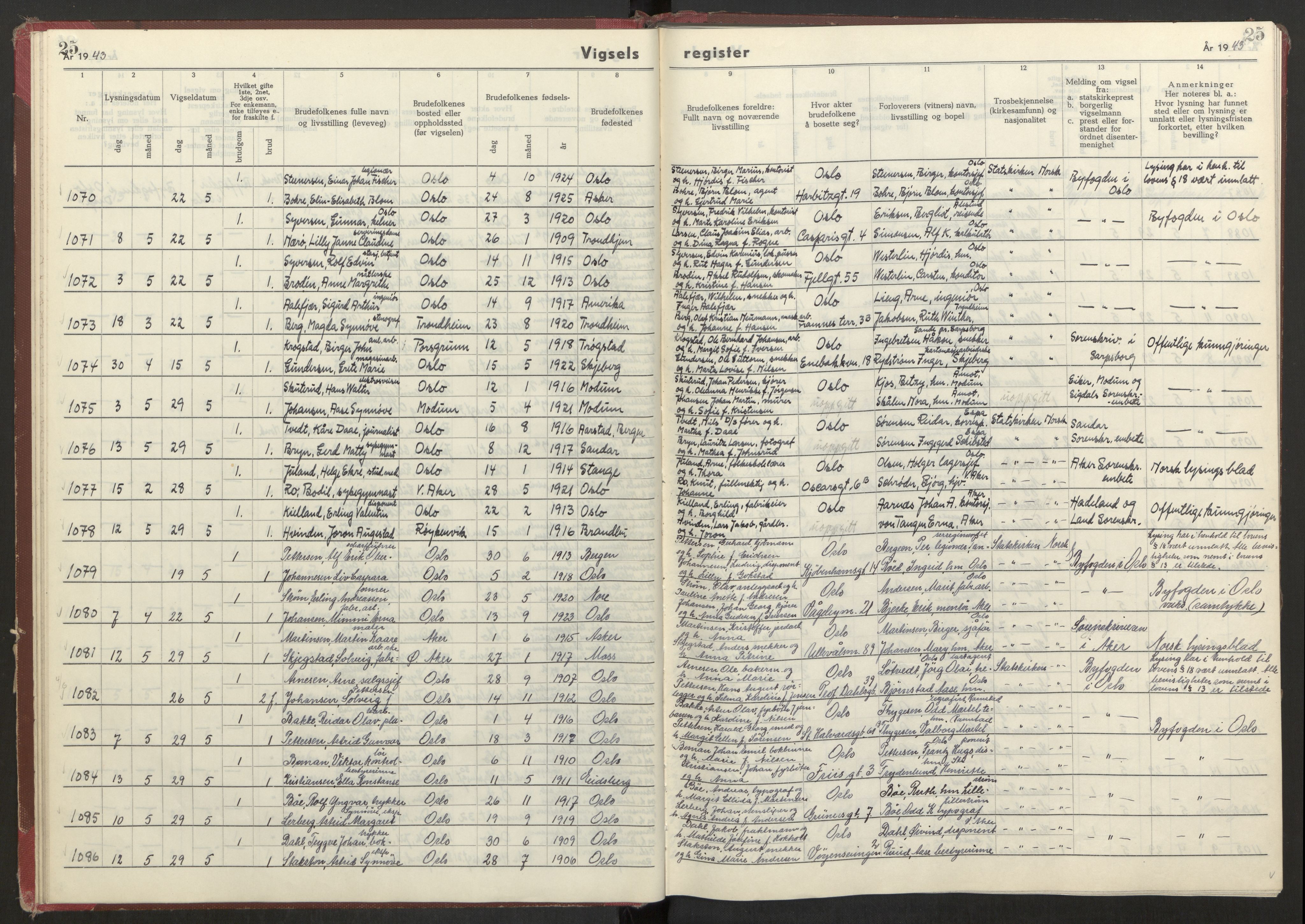 Oslo folkeregister, AV/SAO-A-10991/G/Ga/L0004: Vigselsregister for Oslo, 1943-1944, s. 25