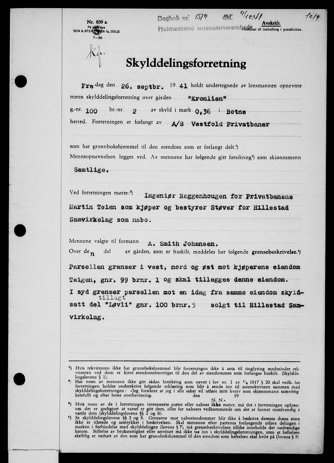 Holmestrand sorenskriveri, SAKO/A-67/G/Ga/Gaa/L0053: Pantebok nr. A-53, 1941-1941, Dagboknr: 1519/1941