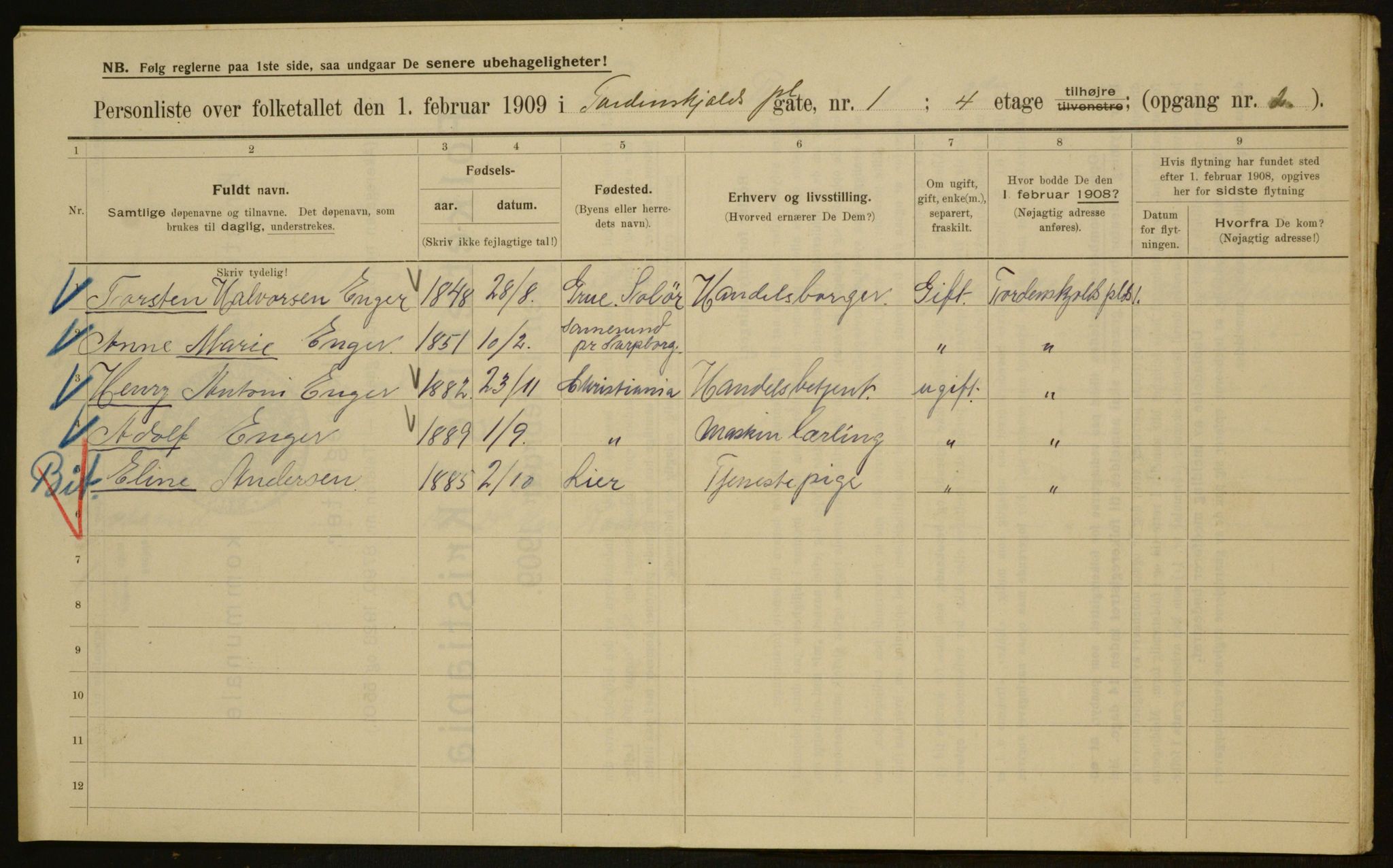 OBA, Kommunal folketelling 1.2.1909 for Kristiania kjøpstad, 1909, s. 103229