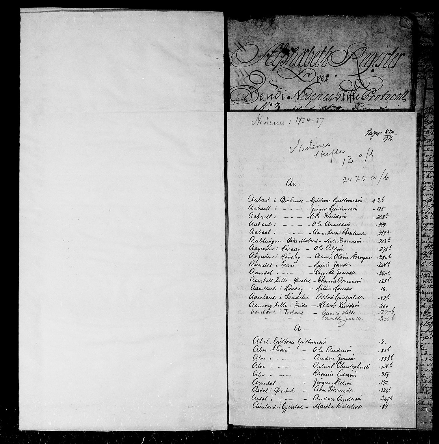 Nedenes sorenskriveri før 1824, SAK/1221-0007/H/Hc/L0017: Skifteprotokoll med register nr 13a, 1734-1737
