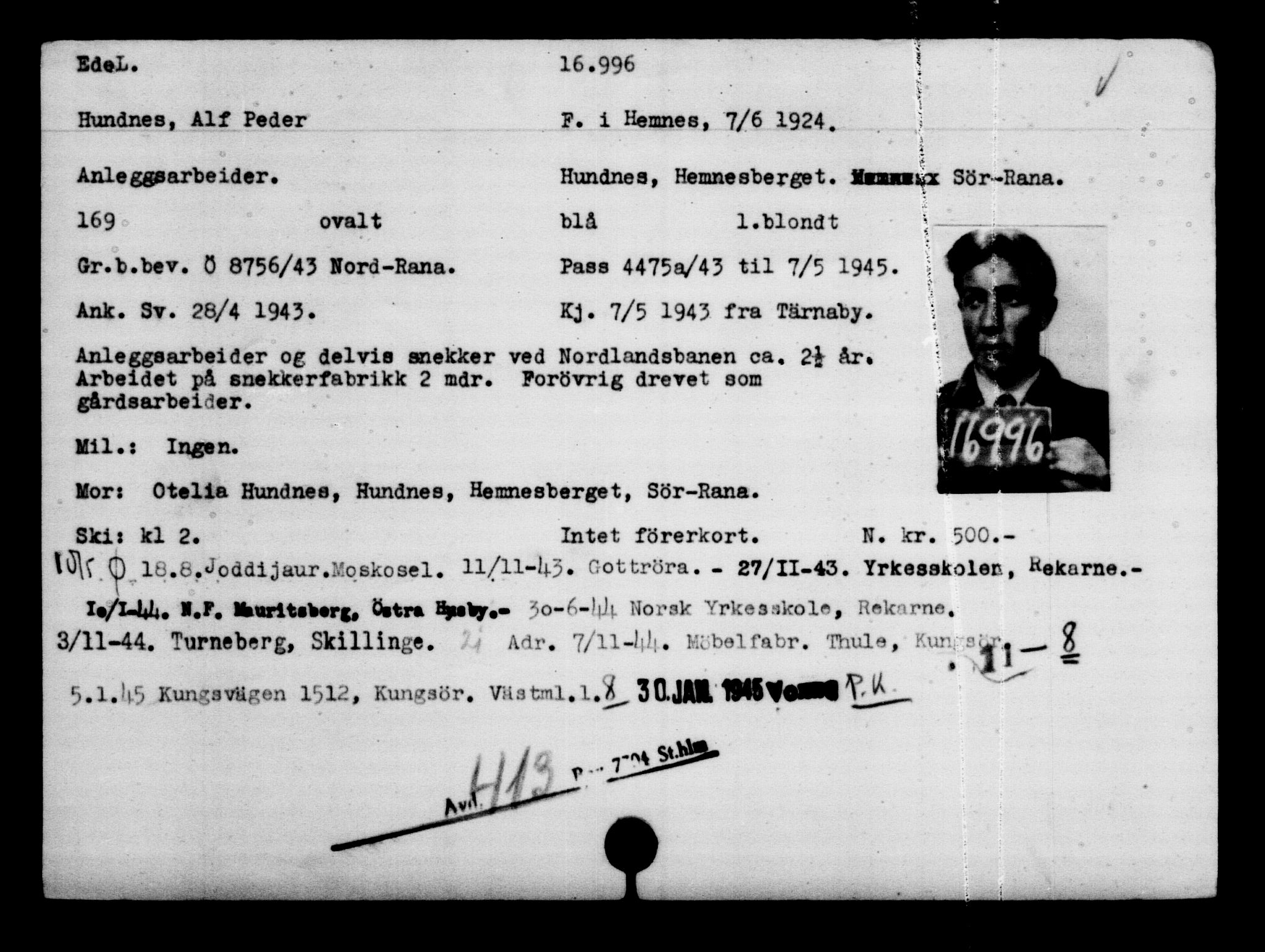 Utenriksstasjonene, Legasjonen i Stockholm, Flyktningkontoret, AV/RA-S-6753/V/Va/L0008: Kjesäterkartoteket, flyktninger med registreringsnr. 15700-18547, 1940-1945, s. 1419