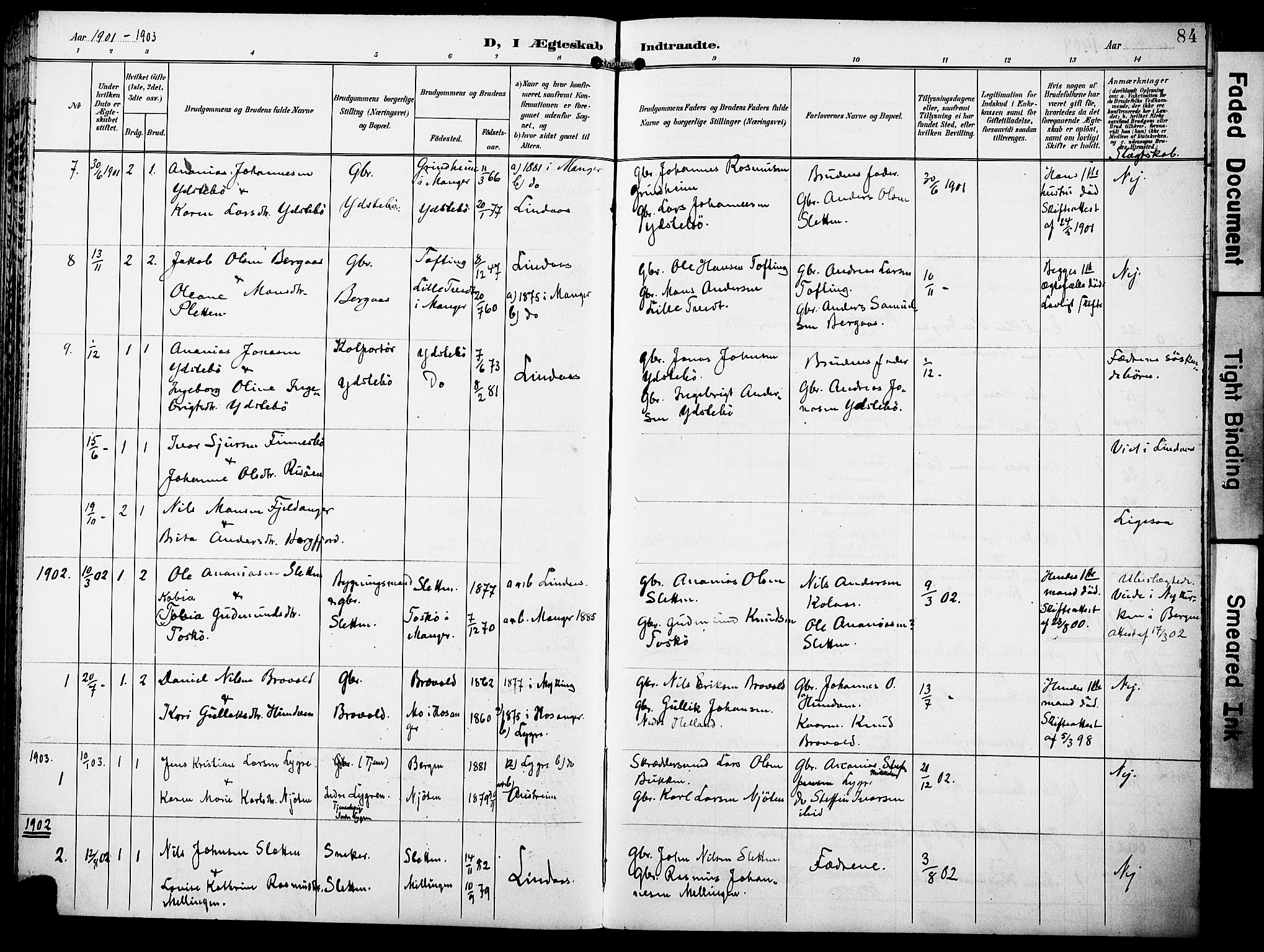 Lindås Sokneprestembete, AV/SAB-A-76701/H/Haa/Haae/L0002: Ministerialbok nr. E 2, 1897-1912, s. 84