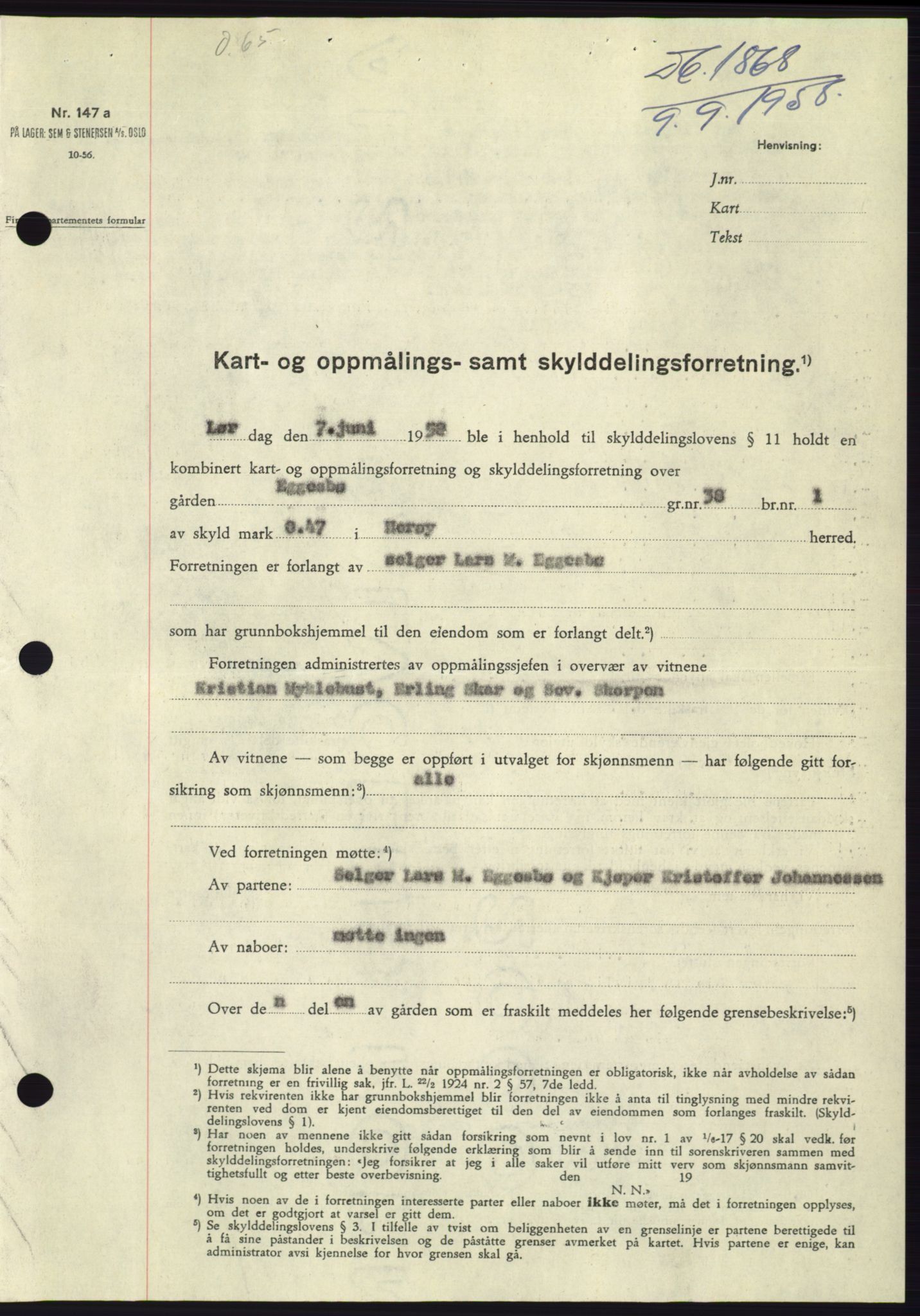 Søre Sunnmøre sorenskriveri, AV/SAT-A-4122/1/2/2C/L0110: Pantebok nr. 36A, 1958-1958, Dagboknr: 1868/1958