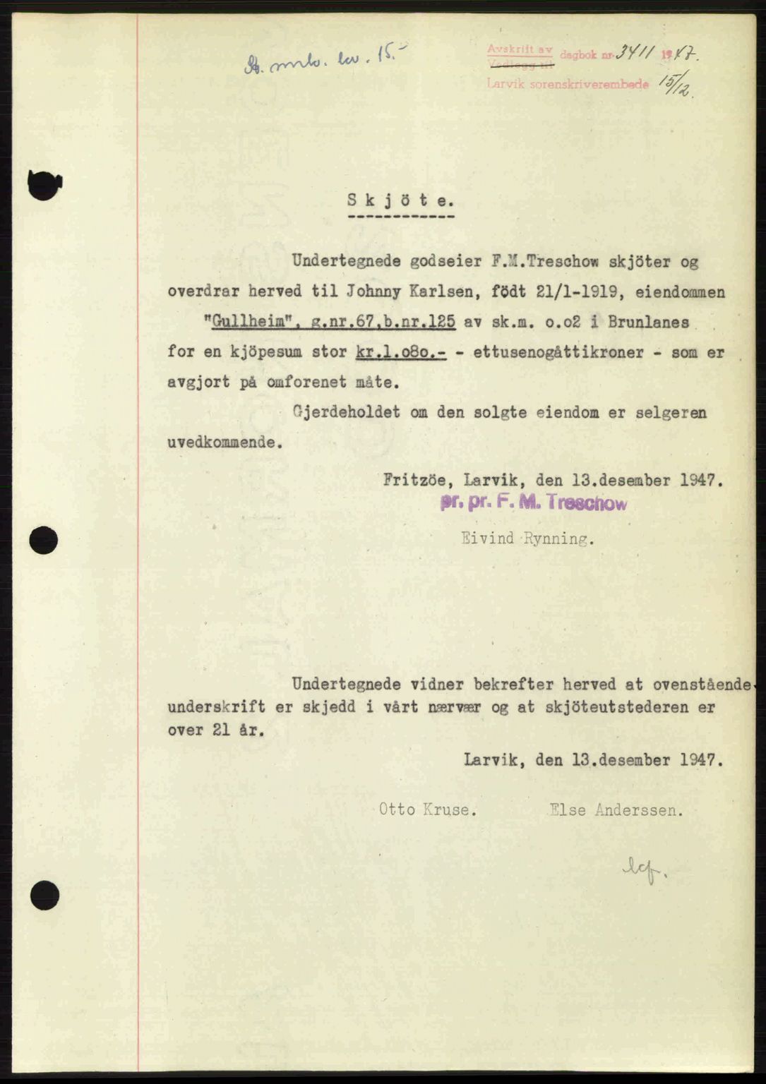 Larvik sorenskriveri, SAKO/A-83/G/Ga/Gab/L0085: Pantebok nr. A-19, 1947-1948, Dagboknr: 3411/1947