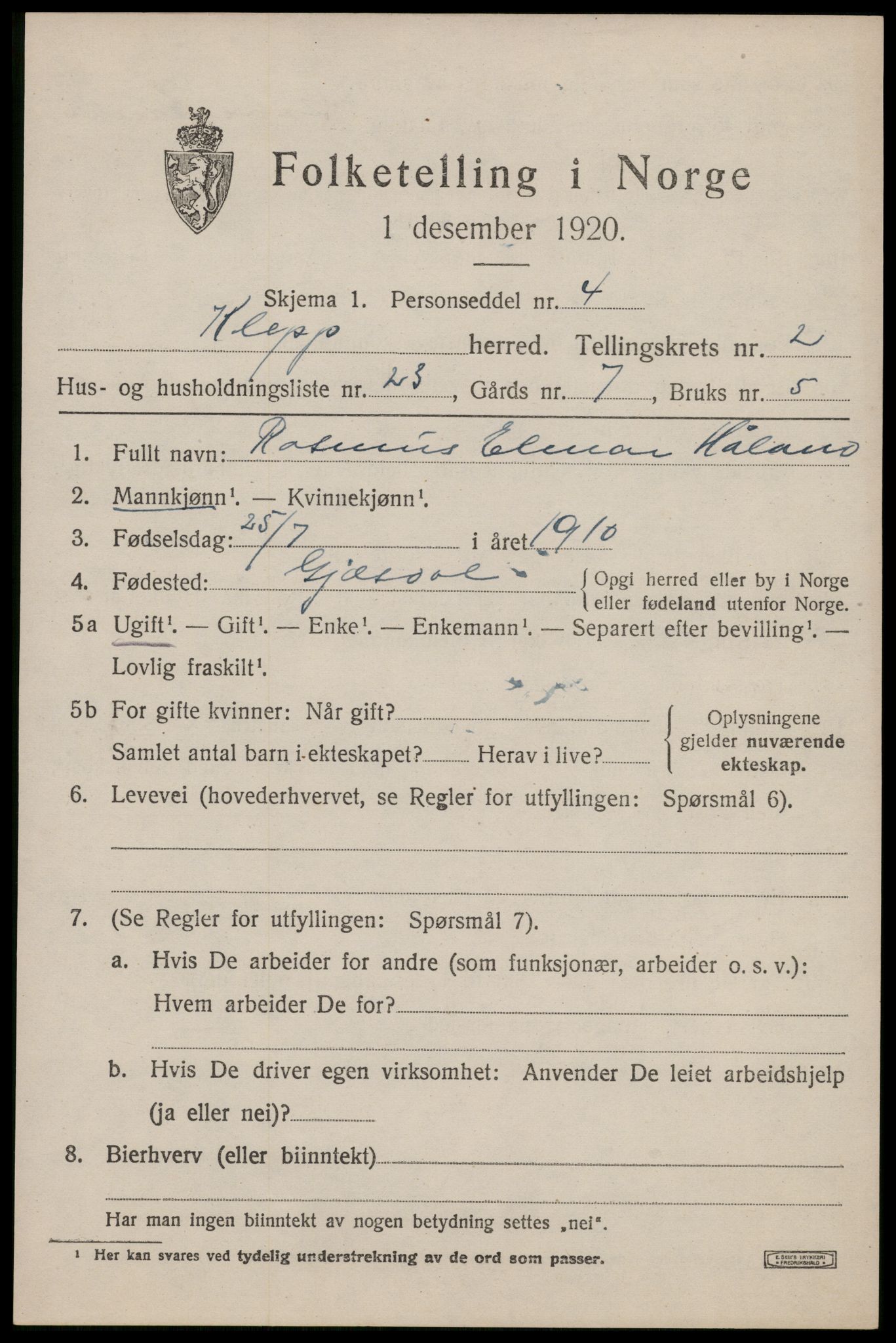 SAST, Folketelling 1920 for 1120 Klepp herred, 1920, s. 2880