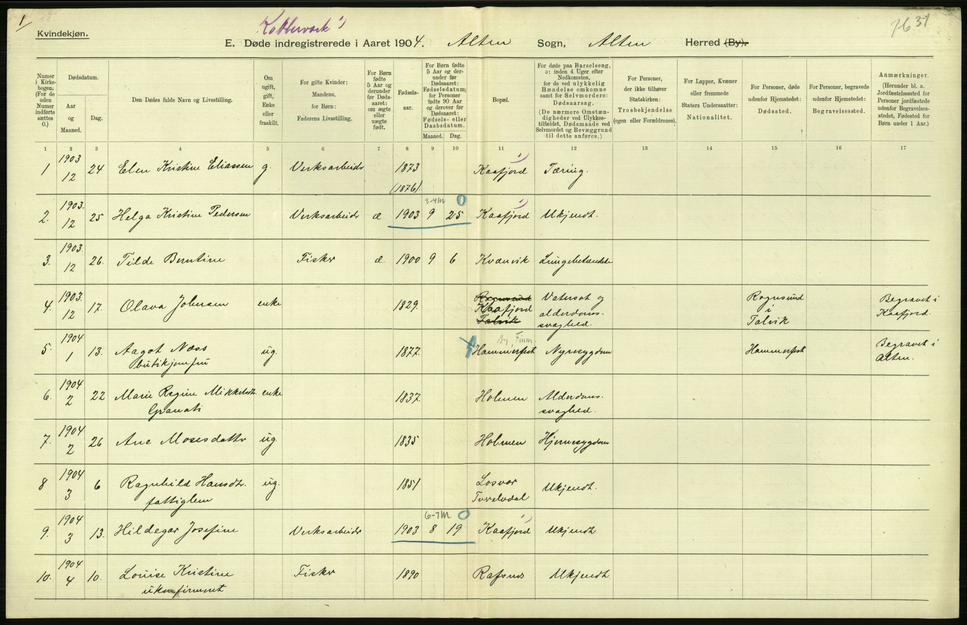 Statistisk sentralbyrå, Sosiodemografiske emner, Befolkning, RA/S-2228/D/Df/Dfa/Dfab/L0023: Finnmarkens amt: Fødte, gifte, døde, 1904, s. 220