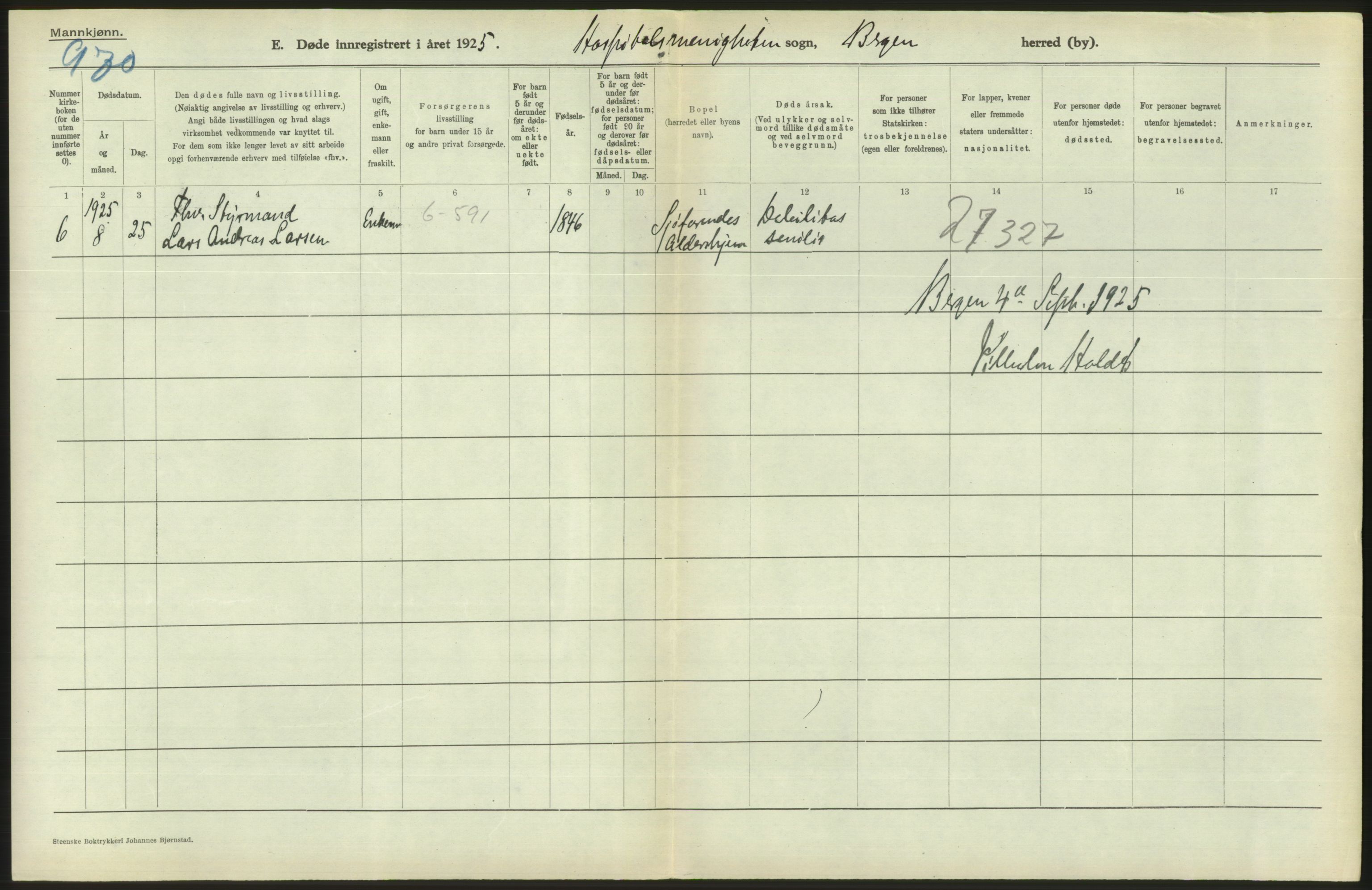 Statistisk sentralbyrå, Sosiodemografiske emner, Befolkning, RA/S-2228/D/Df/Dfc/Dfce/L0029: Bergen: Gifte, døde., 1925, s. 516