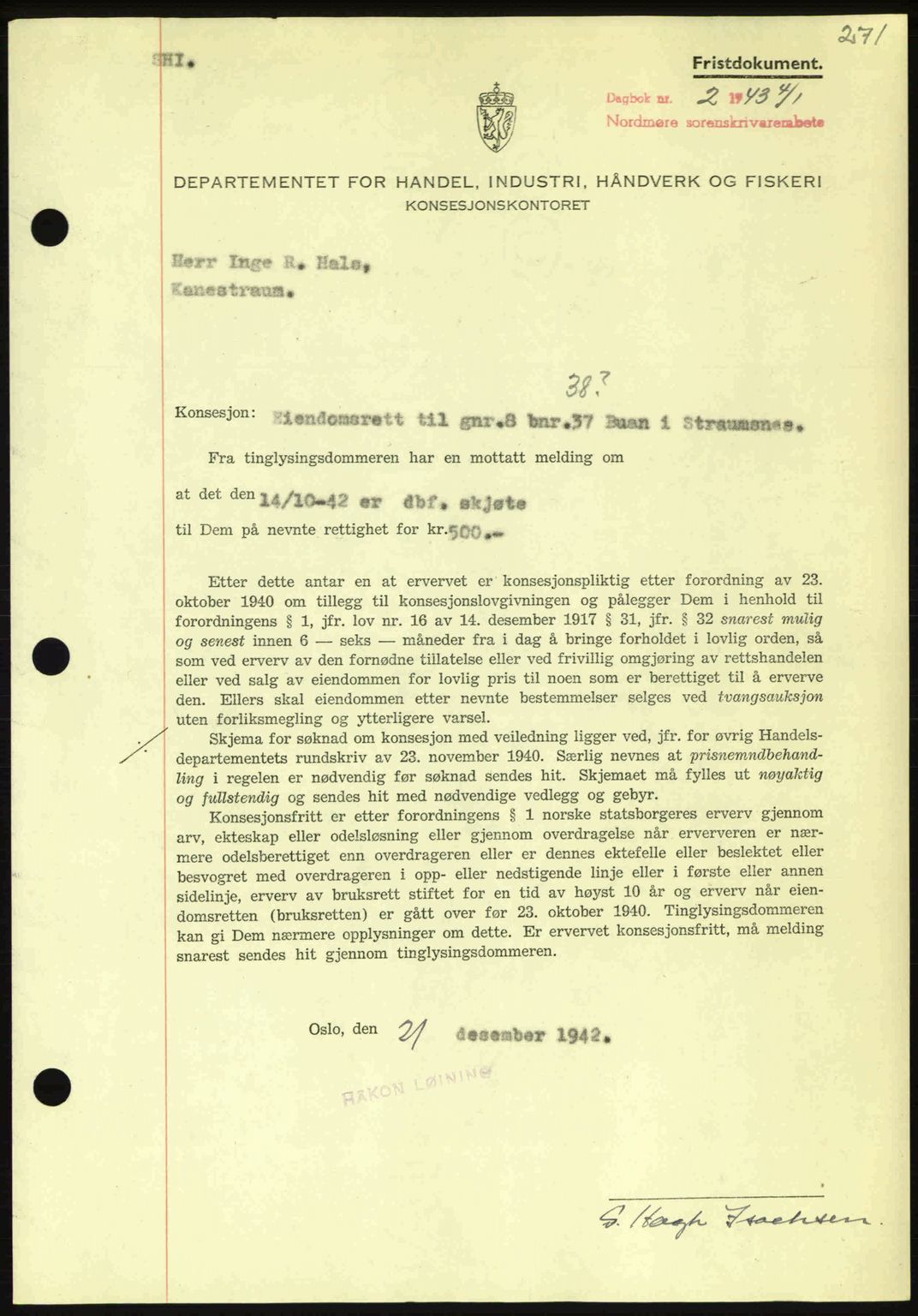 Nordmøre sorenskriveri, SAT/A-4132/1/2/2Ca: Pantebok nr. B90, 1942-1943, Dagboknr: 2/1943