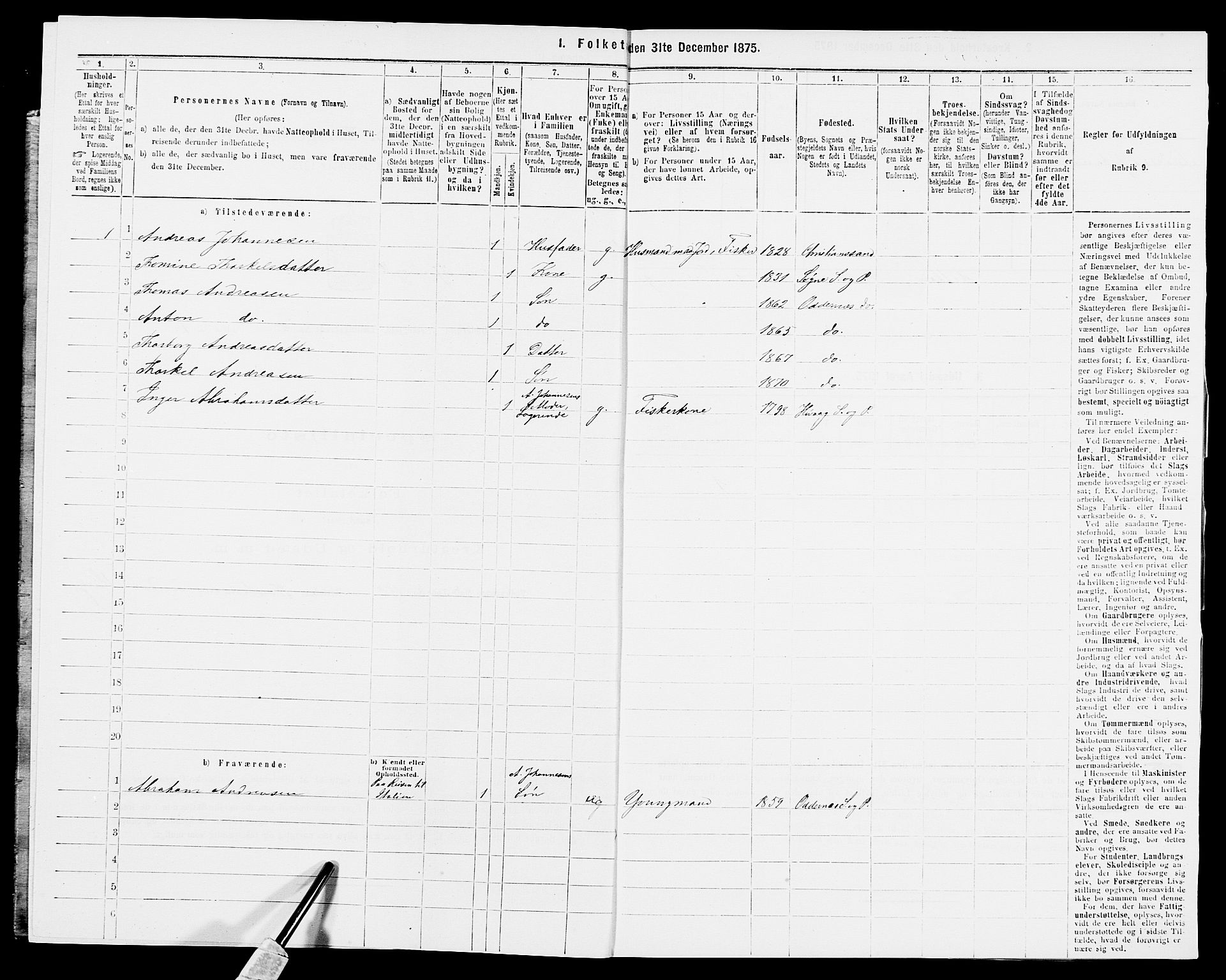 SAK, Folketelling 1875 for 1012P Oddernes prestegjeld, 1875, s. 275