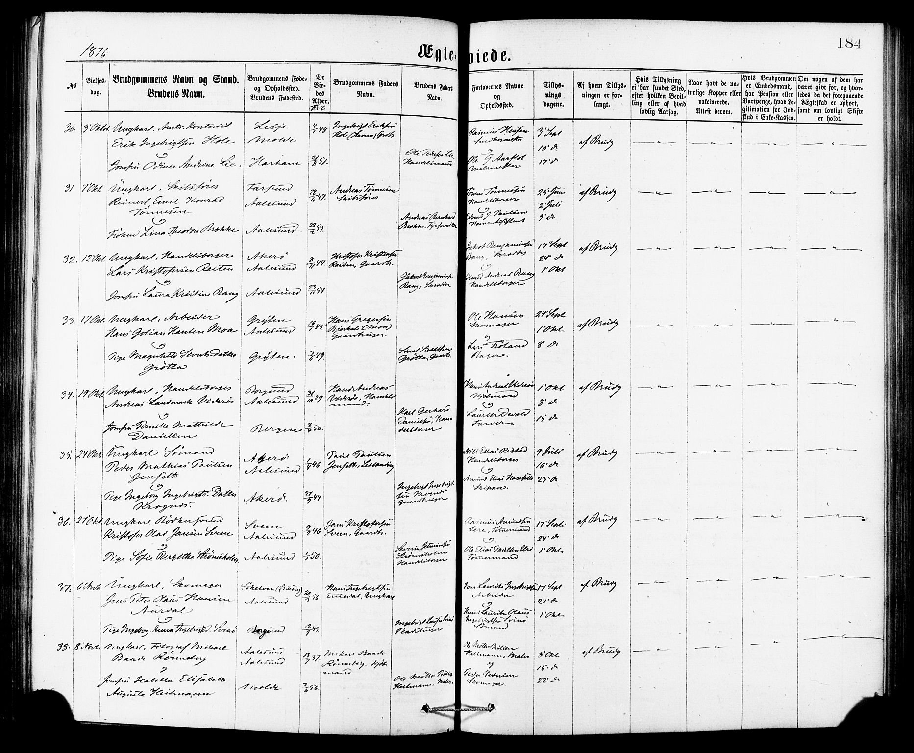 Ministerialprotokoller, klokkerbøker og fødselsregistre - Møre og Romsdal, AV/SAT-A-1454/529/L0453: Ministerialbok nr. 529A03, 1872-1877, s. 184