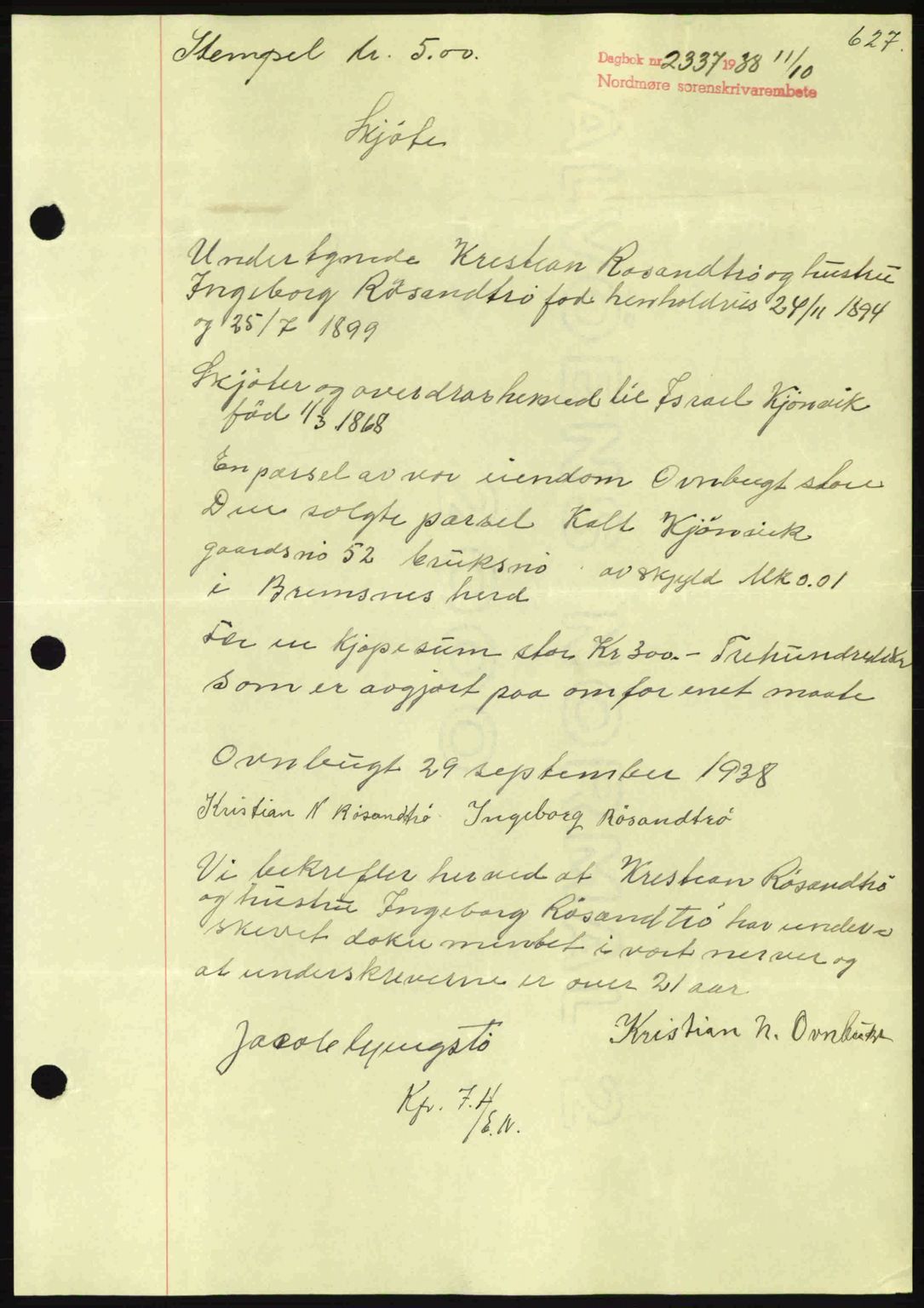 Nordmøre sorenskriveri, SAT/A-4132/1/2/2Ca: Pantebok nr. A84, 1938-1938, Dagboknr: 2337/1938