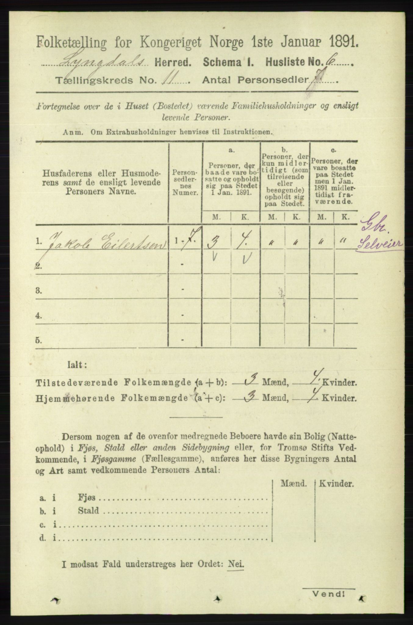 RA, Folketelling 1891 for 1032 Lyngdal herred, 1891, s. 4737