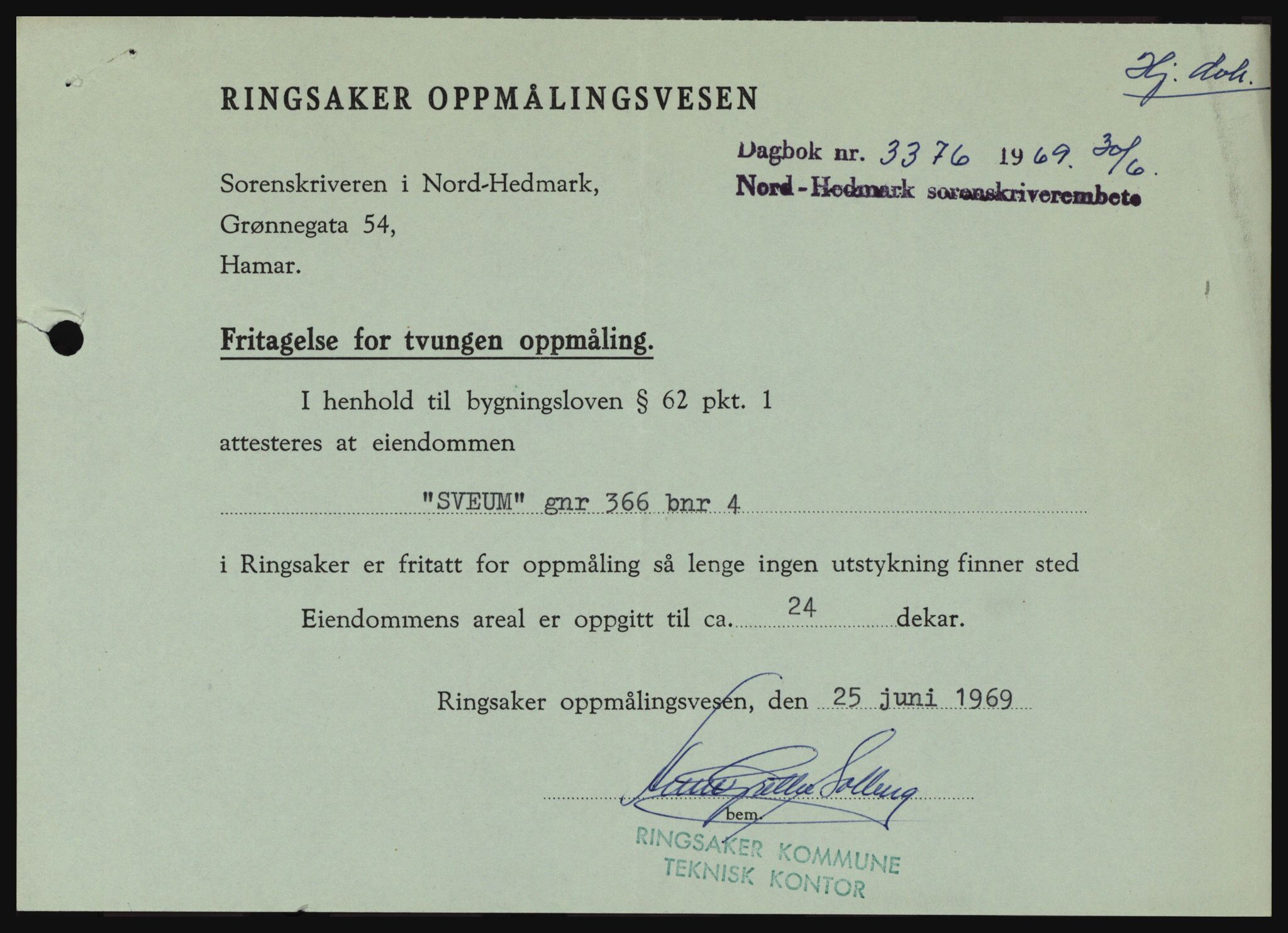 Nord-Hedmark sorenskriveri, SAH/TING-012/H/Hc/L0030: Pantebok nr. 30, 1969-1969, Dagboknr: 3376/1969