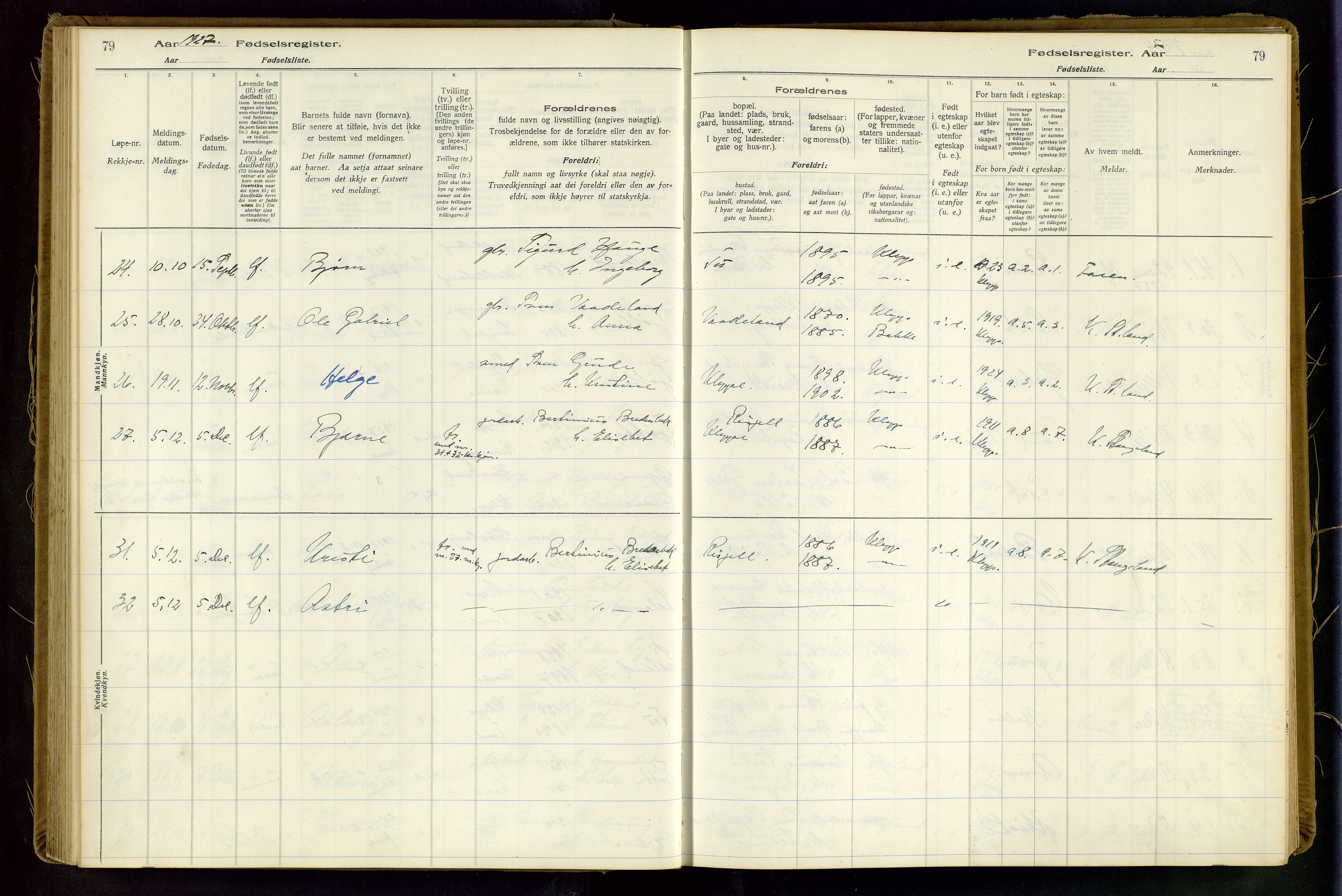 Klepp sokneprestkontor, AV/SAST-A-101803/001/704BAA/L0001: Fødselsregister nr. 1, 1916-1948, s. 79