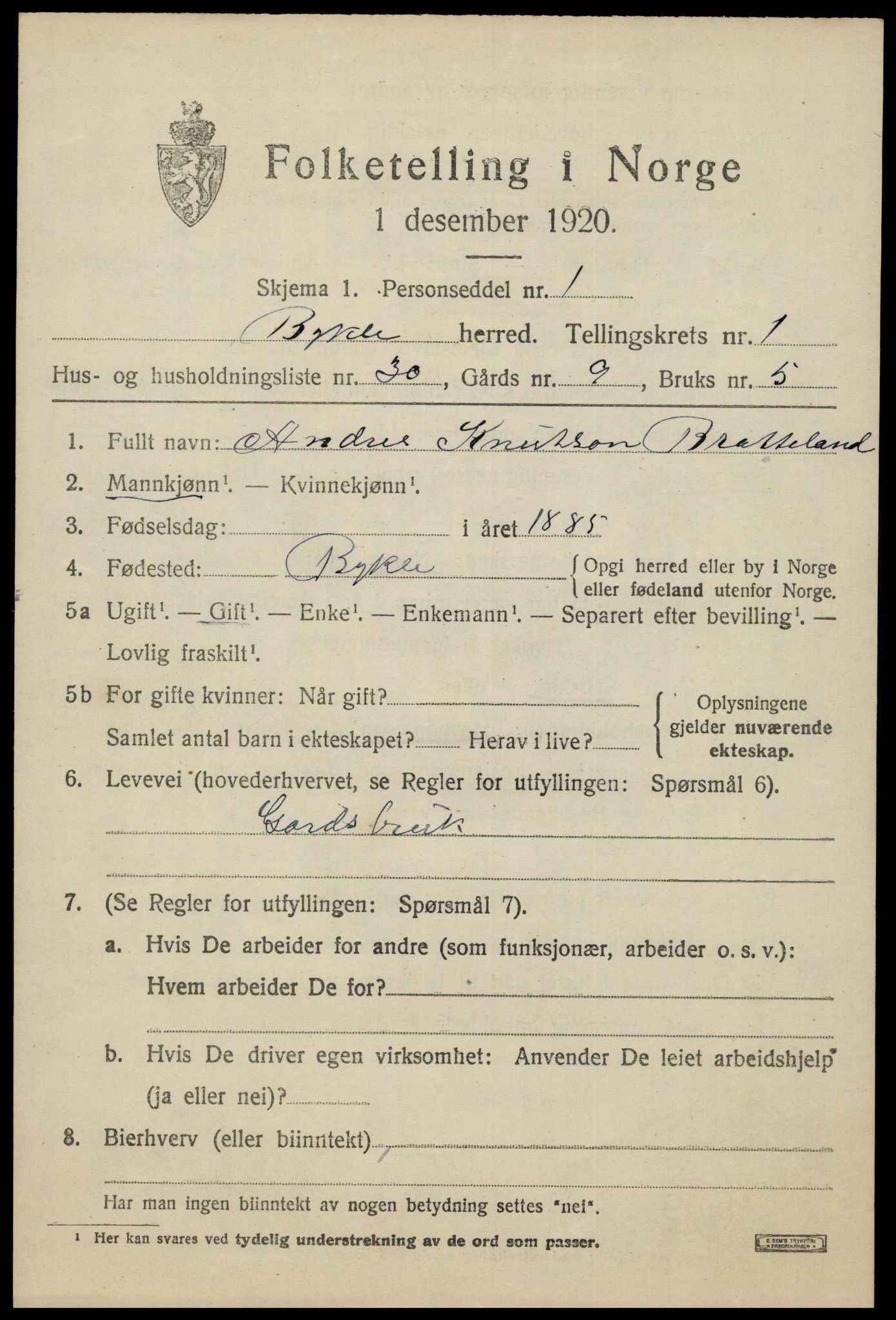 SAK, Folketelling 1920 for 0941 Bykle herred, 1920, s. 583
