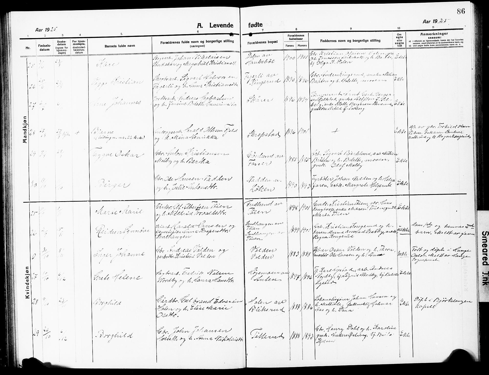 Høland prestekontor Kirkebøker, AV/SAO-A-10346a/G/Ga/L0008: Klokkerbok nr. I 8, 1915-1929, s. 86