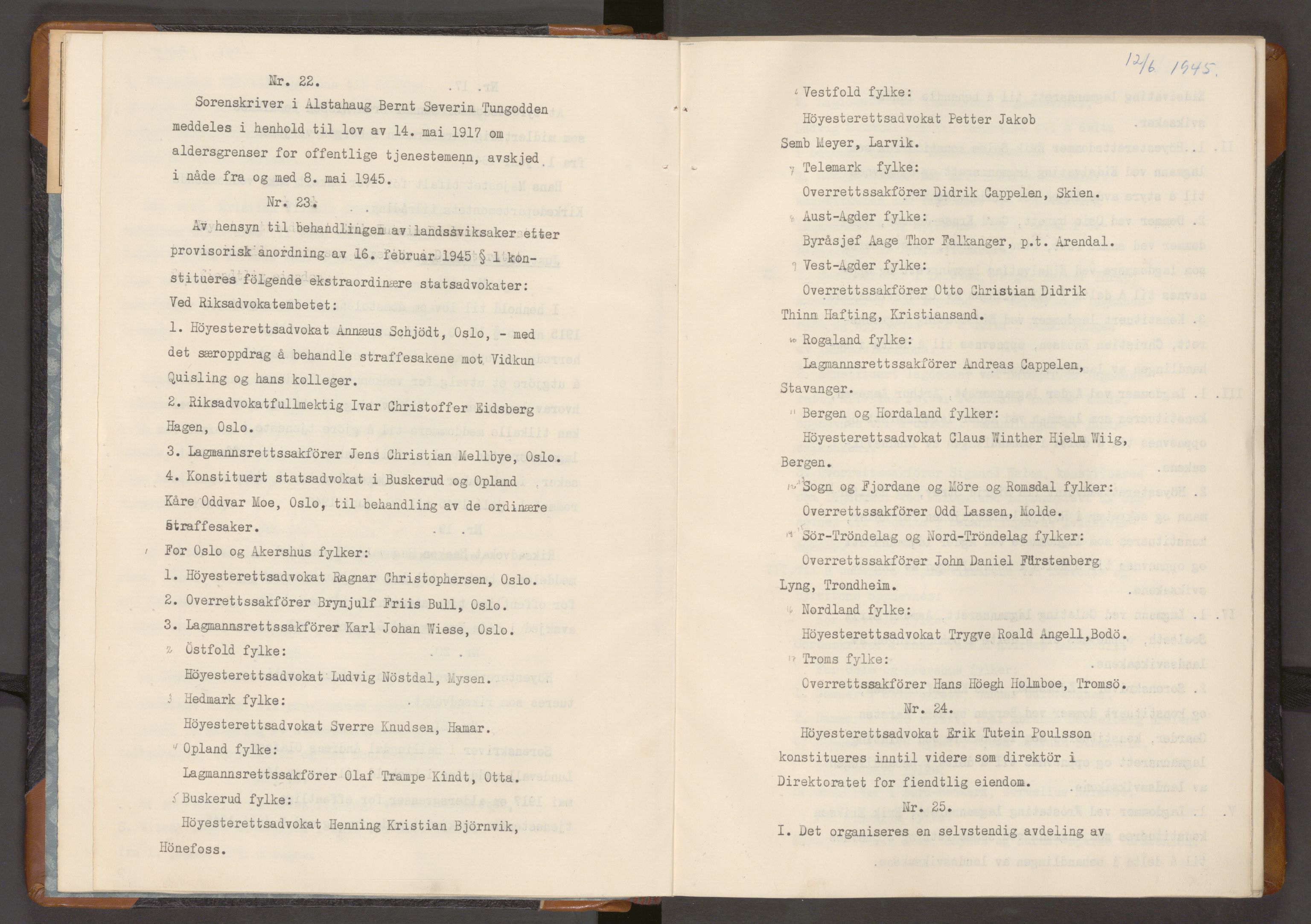 Statsrådssekretariatet, RA/S-1001/A/Ac/L0129: Kgl. res. 12/6-27/12, 1945