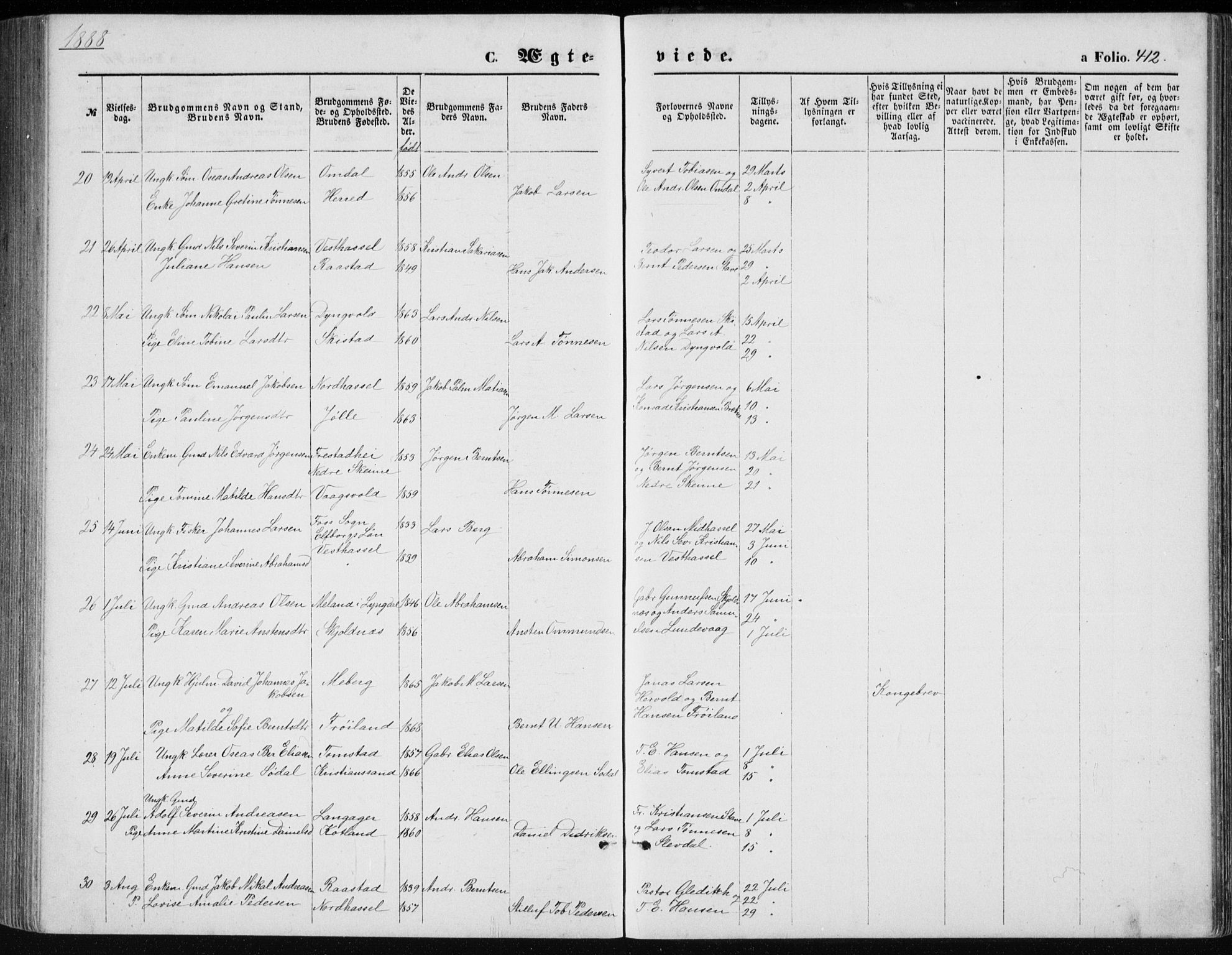 Lista sokneprestkontor, AV/SAK-1111-0027/F/Fb/L0004: Klokkerbok nr. B 4, 1877-1891, s. 412