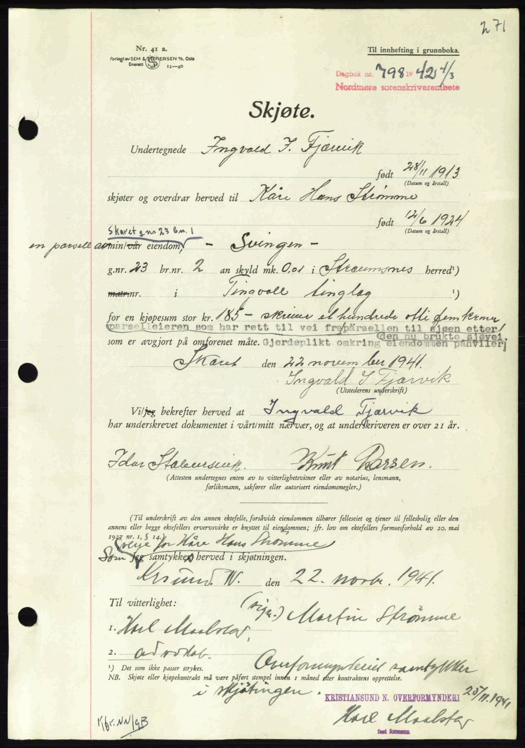 Nordmøre sorenskriveri, AV/SAT-A-4132/1/2/2Ca: Pantebok nr. A92, 1942-1942, Dagboknr: 798/1942