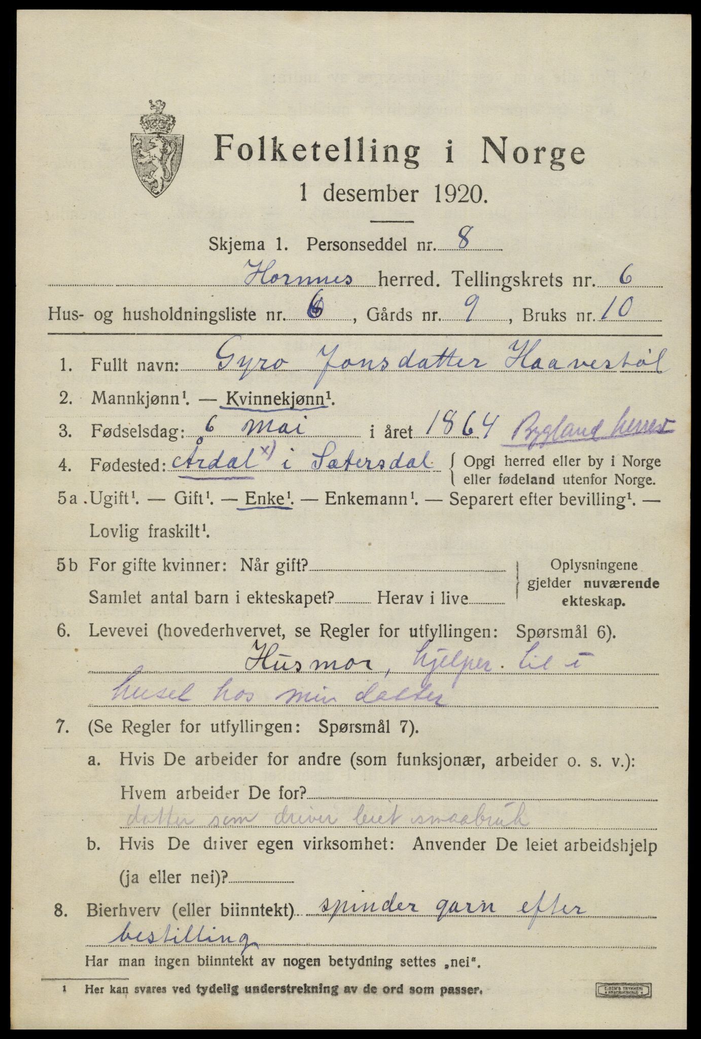 SAK, Folketelling 1920 for 0936 Hornnes herred, 1920, s. 1627