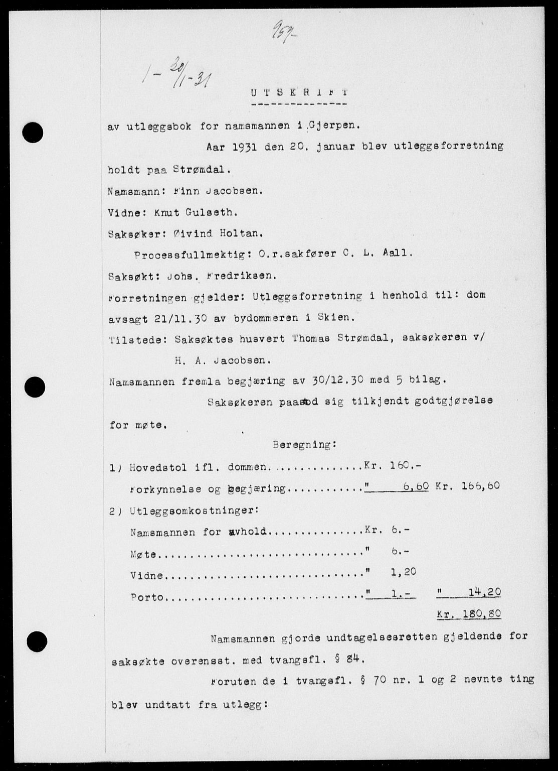Gjerpen sorenskriveri, SAKO/A-216/G/Ga/Gaa/L0054: Pantebok nr. I 54-56, 1930-1931, s. 957, Tingl.dato: 30.01.1931