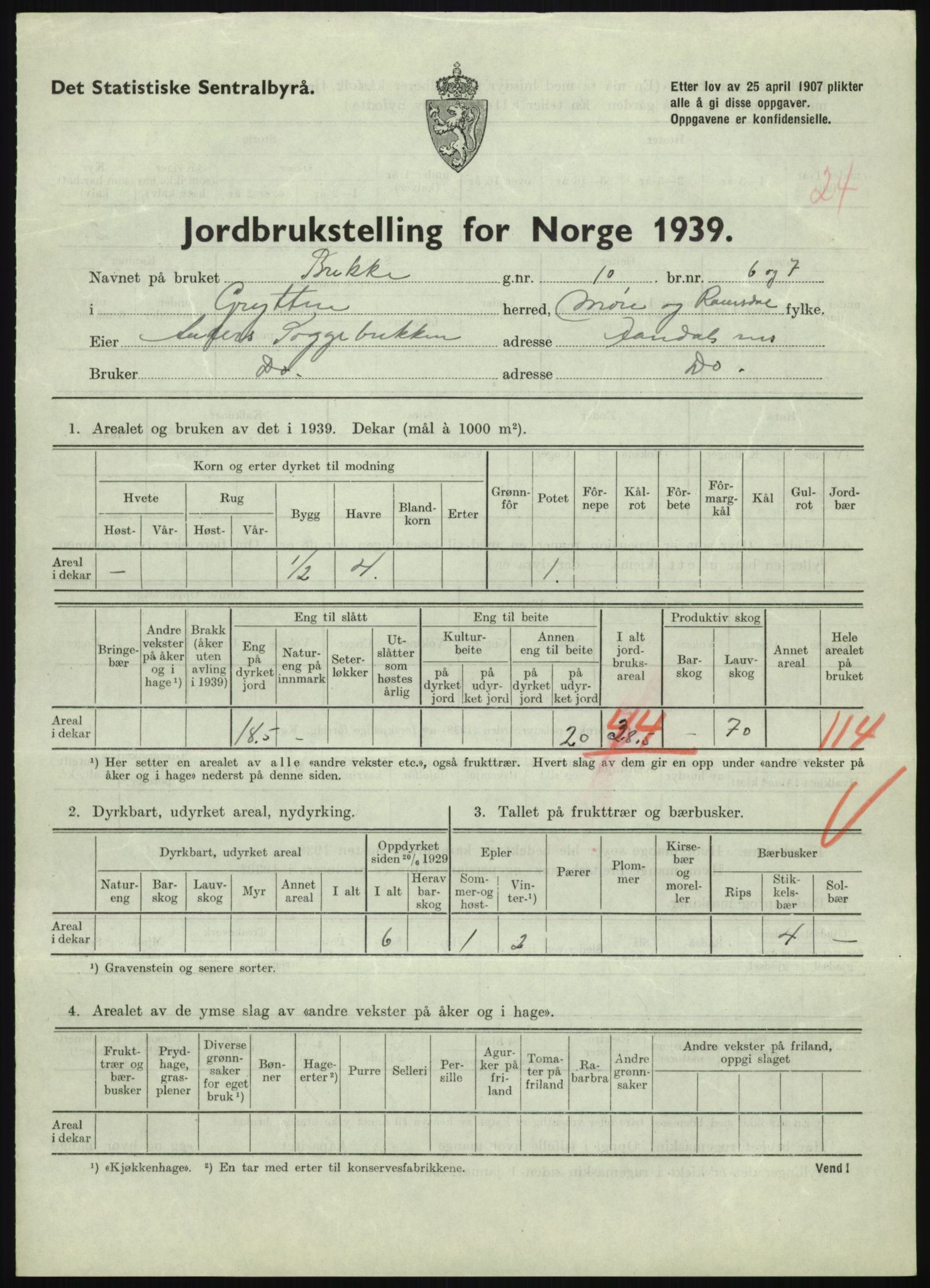 Statistisk sentralbyrå, Næringsøkonomiske emner, Jordbruk, skogbruk, jakt, fiske og fangst, AV/RA-S-2234/G/Gb/L0251: Møre og Romsdal: Voll, Eid, Grytten og Hen, 1939, s. 723