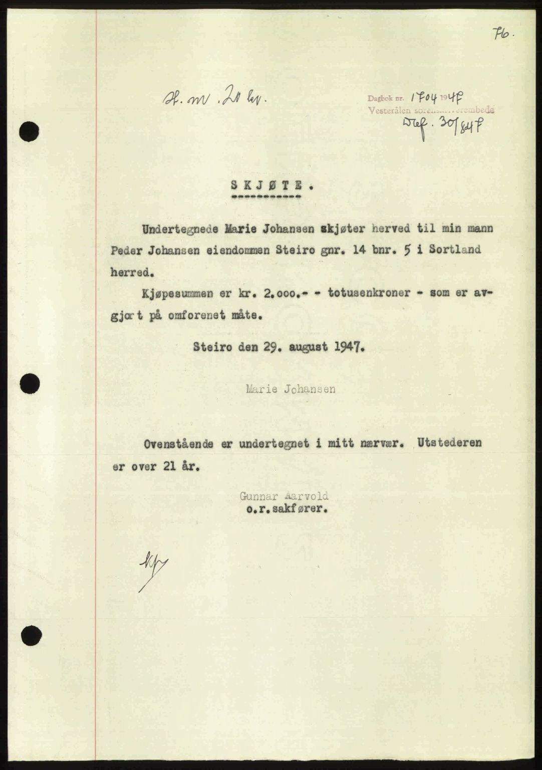 Vesterålen sorenskriveri, SAT/A-4180/1/2/2Ca: Pantebok nr. A21, 1947-1947, Dagboknr: 1704/1947