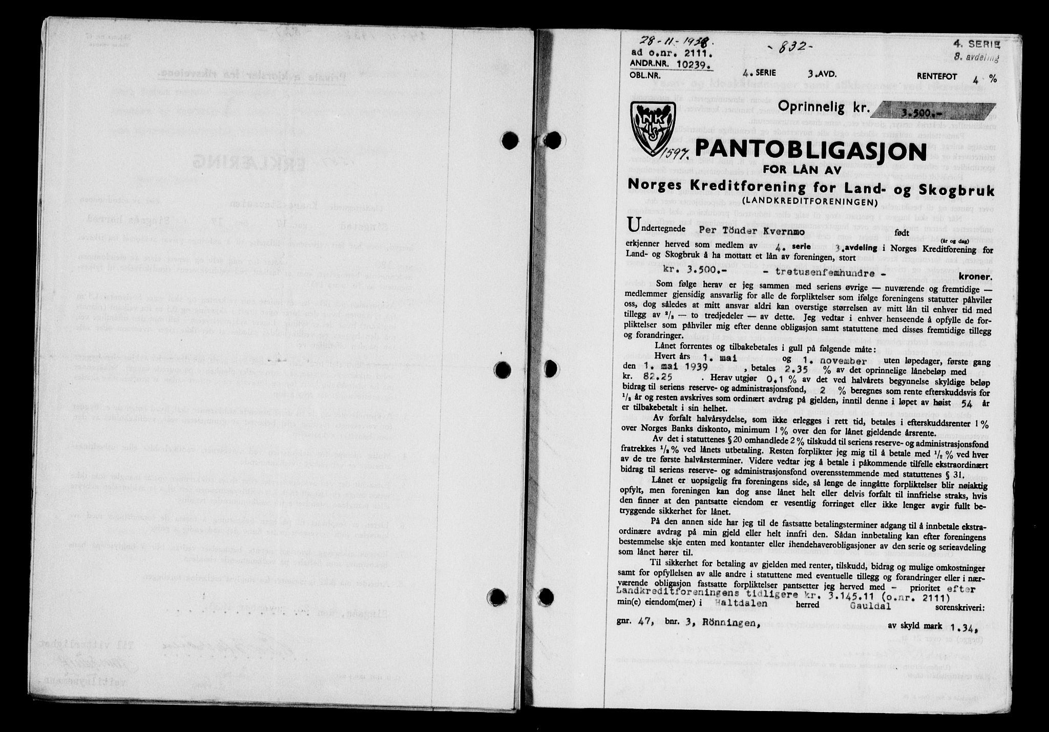 Gauldal sorenskriveri, SAT/A-0014/1/2/2C/L0049: Pantebok nr. 53, 1938-1938, Dagboknr: 1597/1938