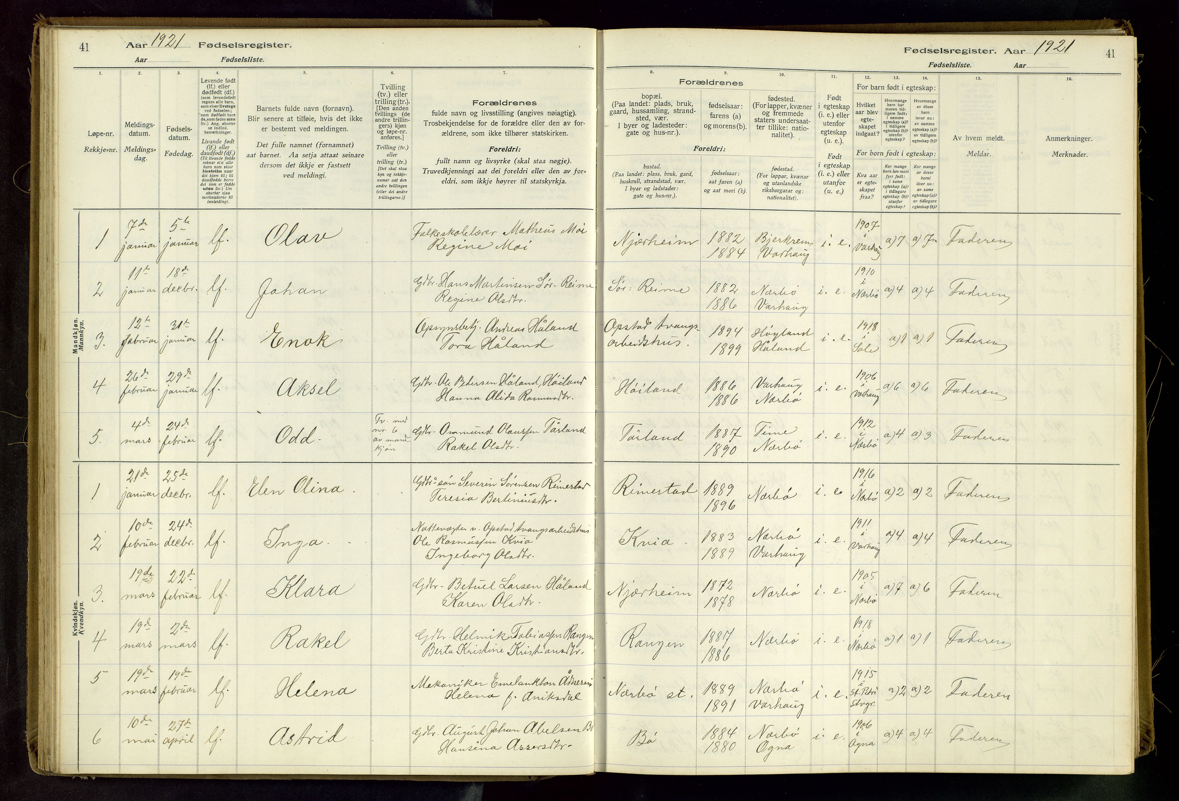 Hå sokneprestkontor, SAST/A-101801/002/C/L0001: Fødselsregister nr. 1, 1916-1945, s. 41