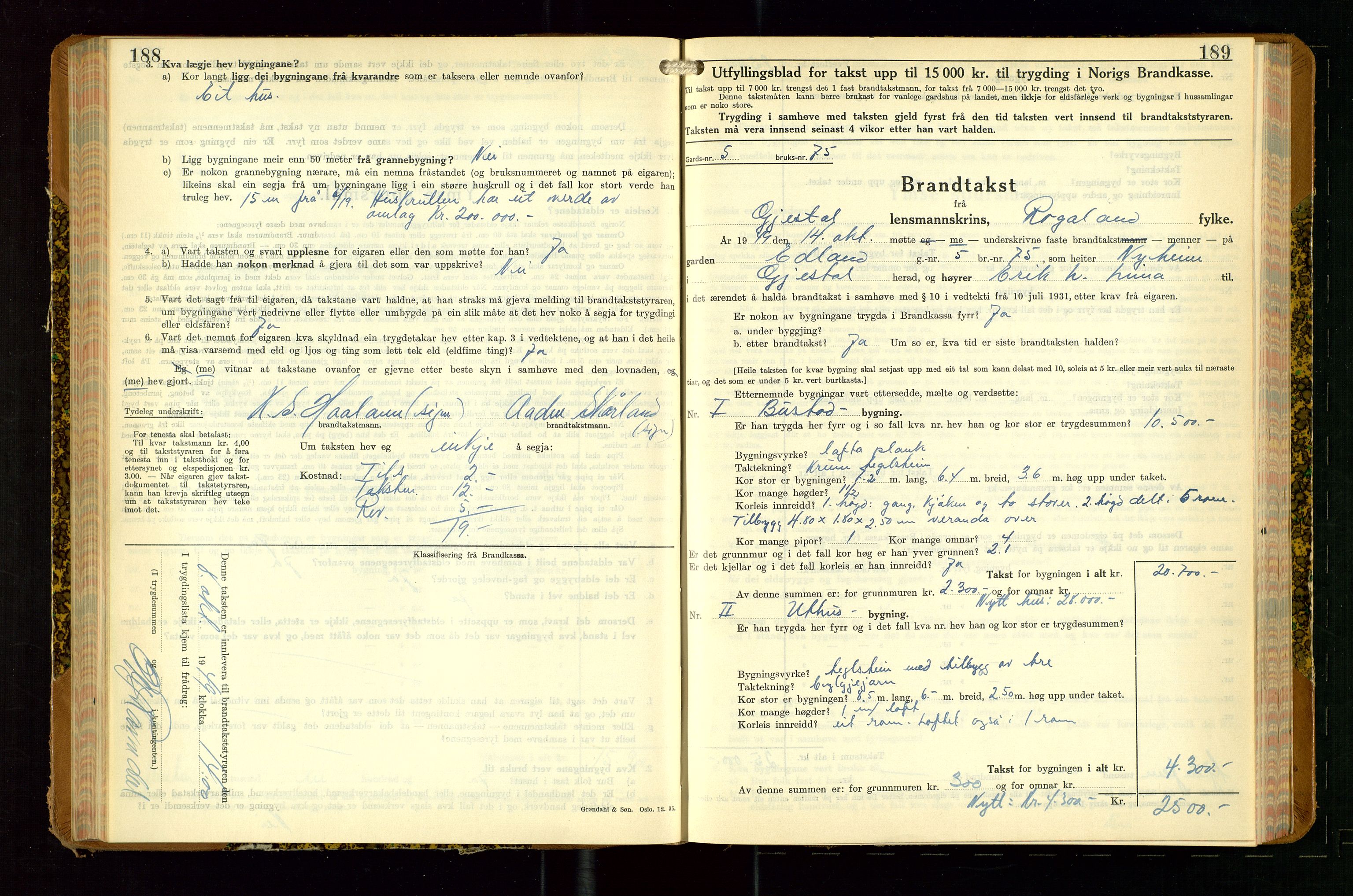 Gjesdal lensmannskontor, SAST/A-100441/Go/L0008: Branntakstskjemaprotokoll, 1937-1955, s. 188-189