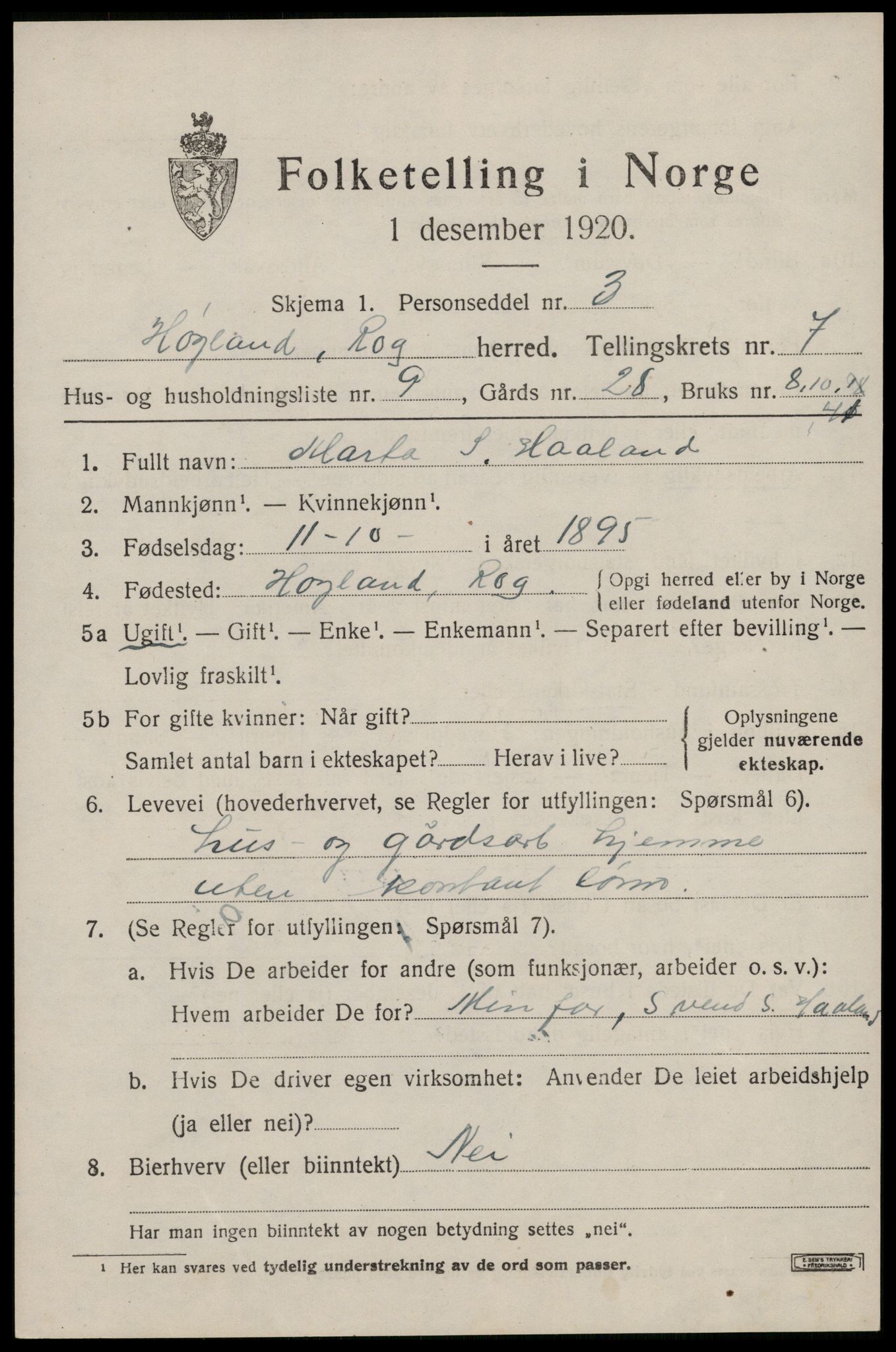 SAST, Folketelling 1920 for 1123 Høyland herred, 1920, s. 4740