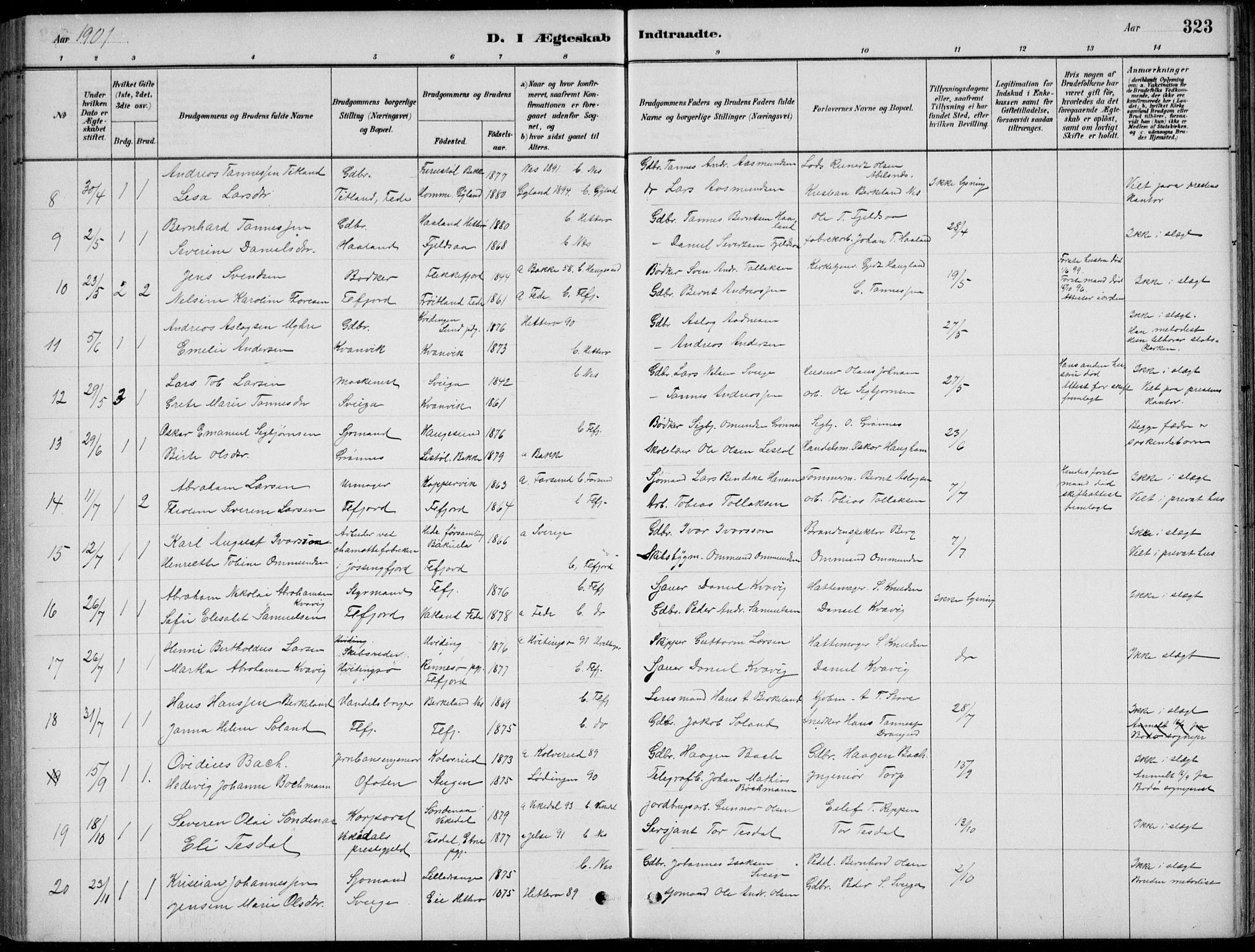 Flekkefjord sokneprestkontor, AV/SAK-1111-0012/F/Fb/Fbc/L0007: Klokkerbok nr. B 7, 1880-1902, s. 323