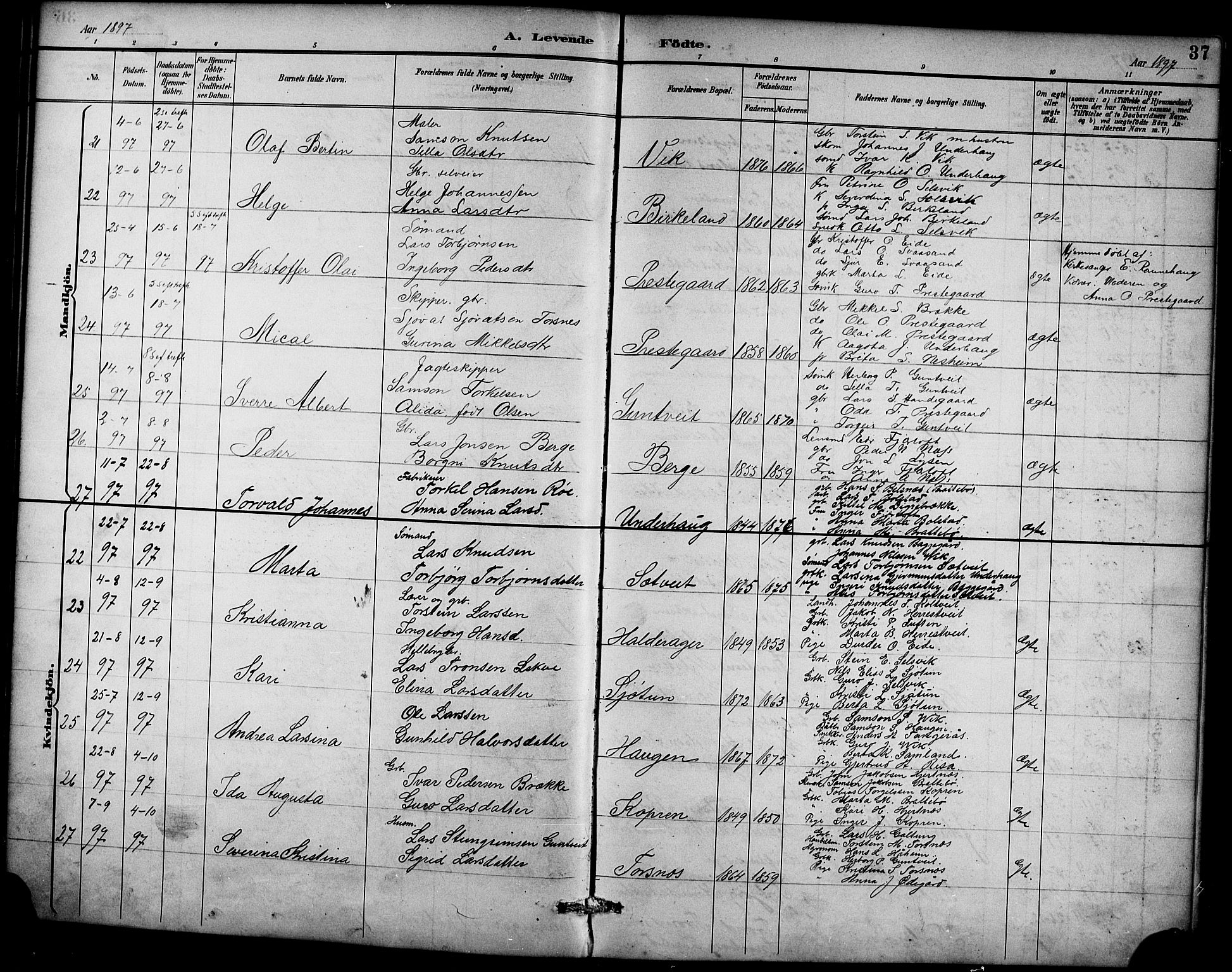 Ullensvang sokneprestembete, AV/SAB-A-78701/H/Hab: Klokkerbok nr. D 1, 1891-1908, s. 37