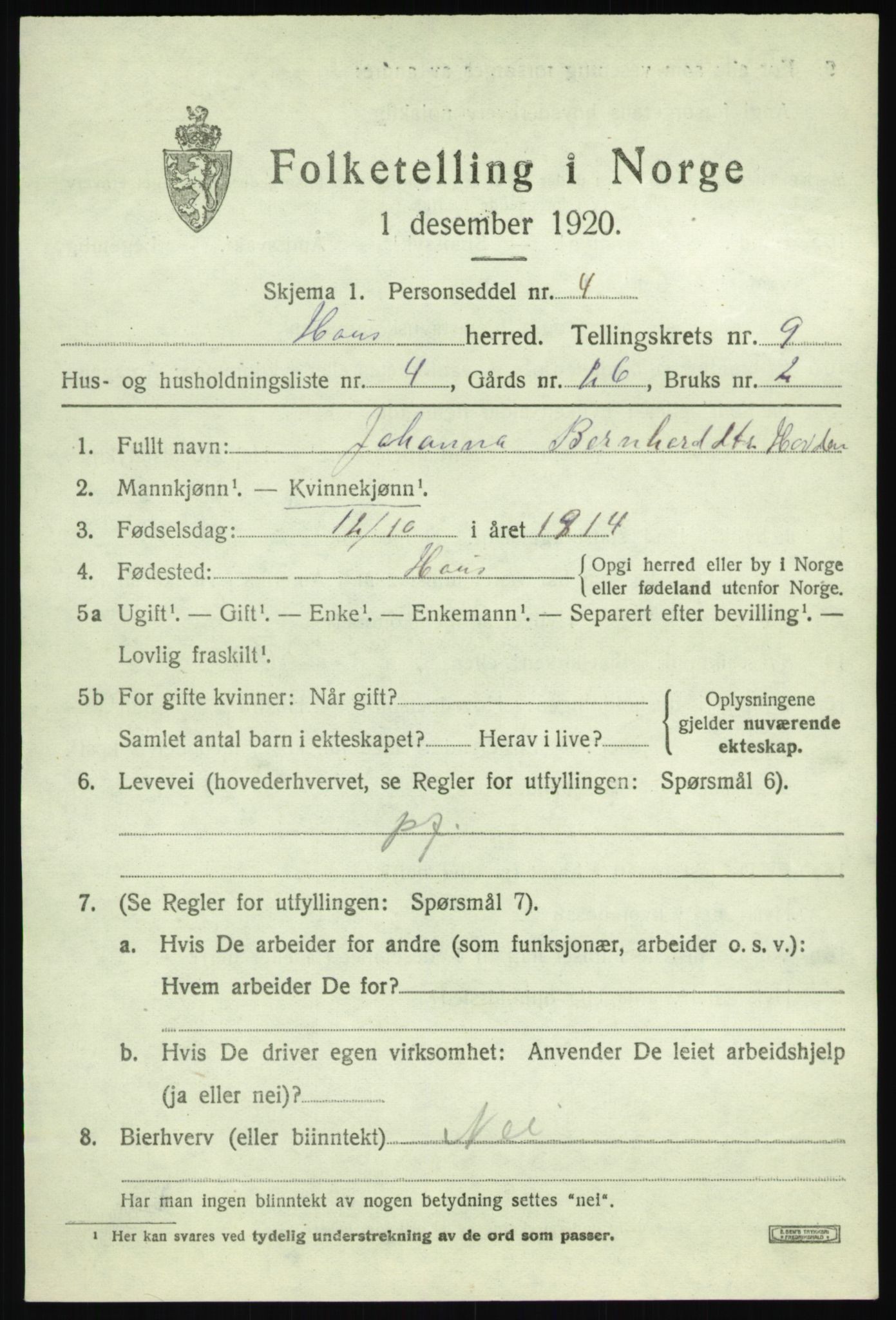 SAB, Folketelling 1920 for 1250 Haus herred, 1920, s. 5513
