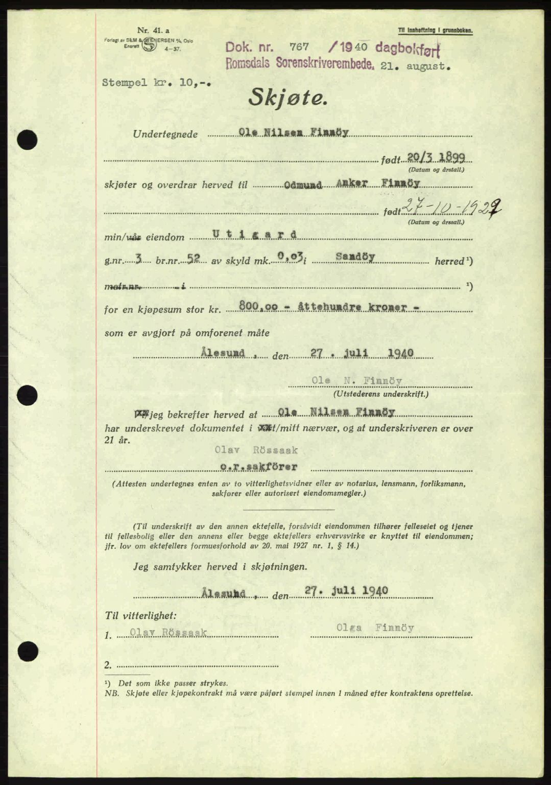 Romsdal sorenskriveri, AV/SAT-A-4149/1/2/2C: Pantebok nr. A8, 1939-1940, Dagboknr: 767/1940