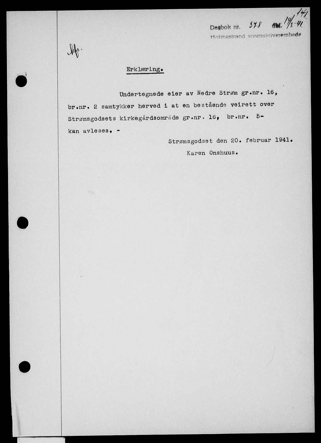 Holmestrand sorenskriveri, SAKO/A-67/G/Ga/Gaa/L0053: Pantebok nr. A-53, 1941-1941, Dagboknr: 378/1941