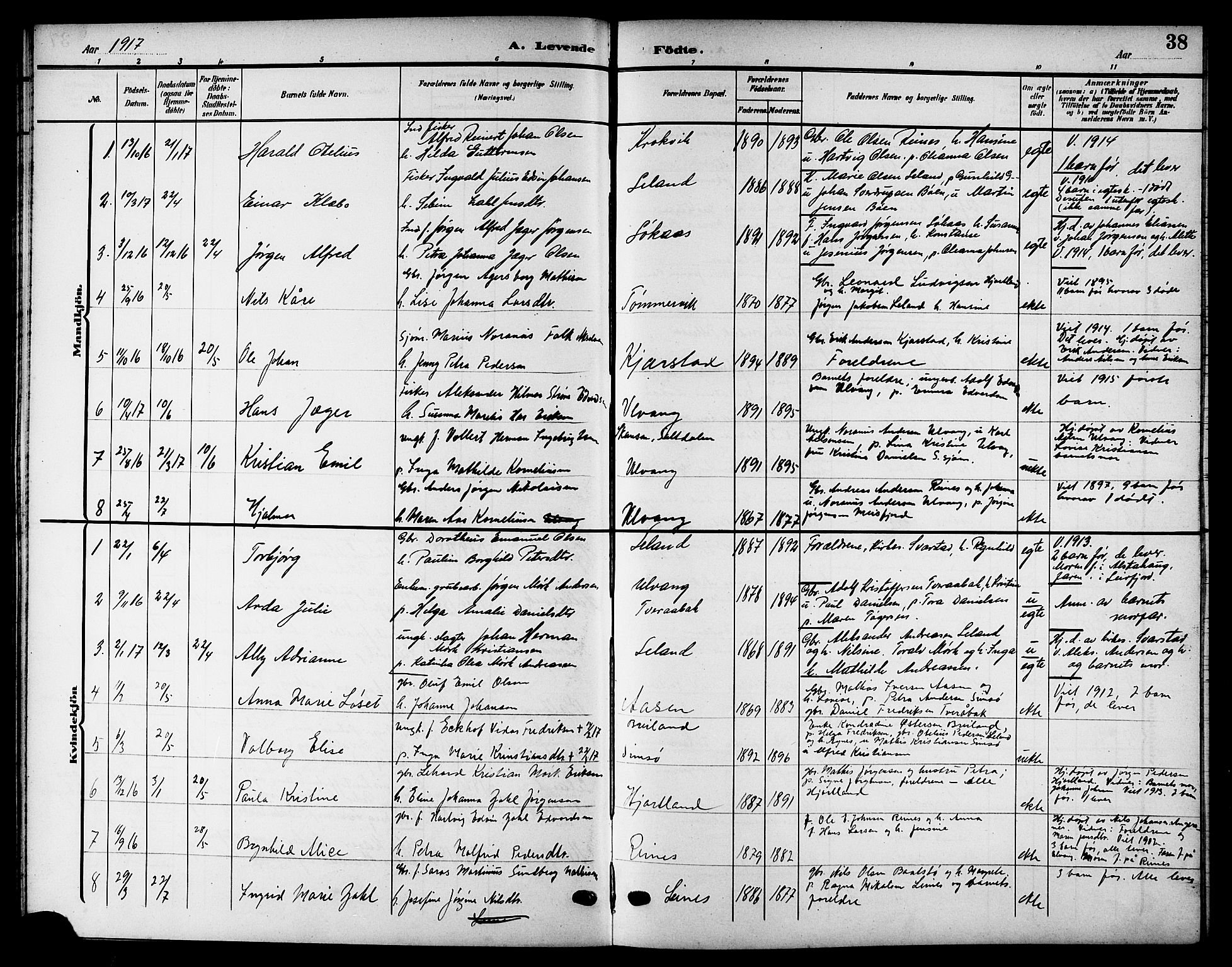 Ministerialprotokoller, klokkerbøker og fødselsregistre - Nordland, AV/SAT-A-1459/832/L0494: Klokkerbok nr. 832C01, 1906-1922, s. 38