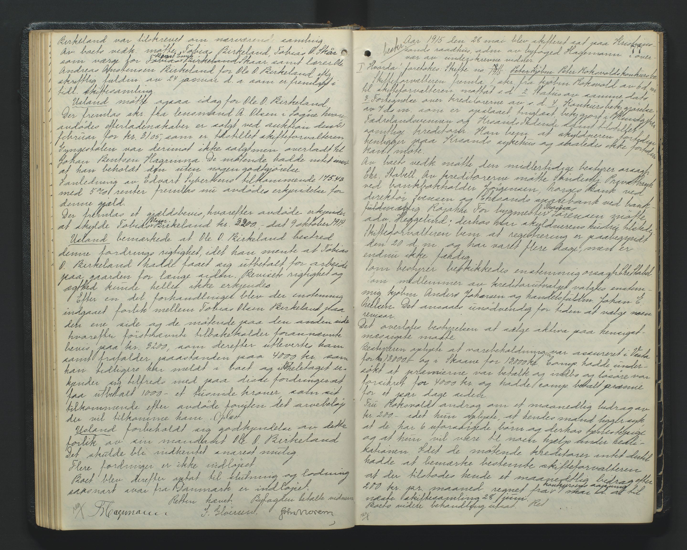 Kristiansand byrett, AV/SAK-1223-0001/H/Hc/L0049: Skifteforhandlingsprotokoll nr. 9, med register, 1913-1921, s. 77