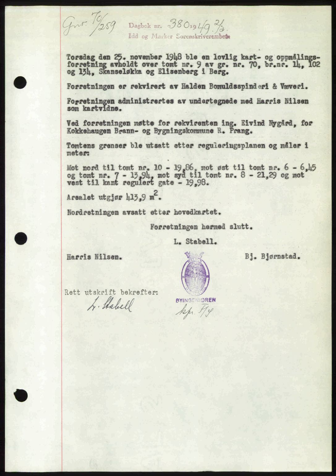 Idd og Marker sorenskriveri, SAO/A-10283/G/Gb/Gbb/L0011: Pantebok nr. A11, 1948-1949, Dagboknr: 380/1949