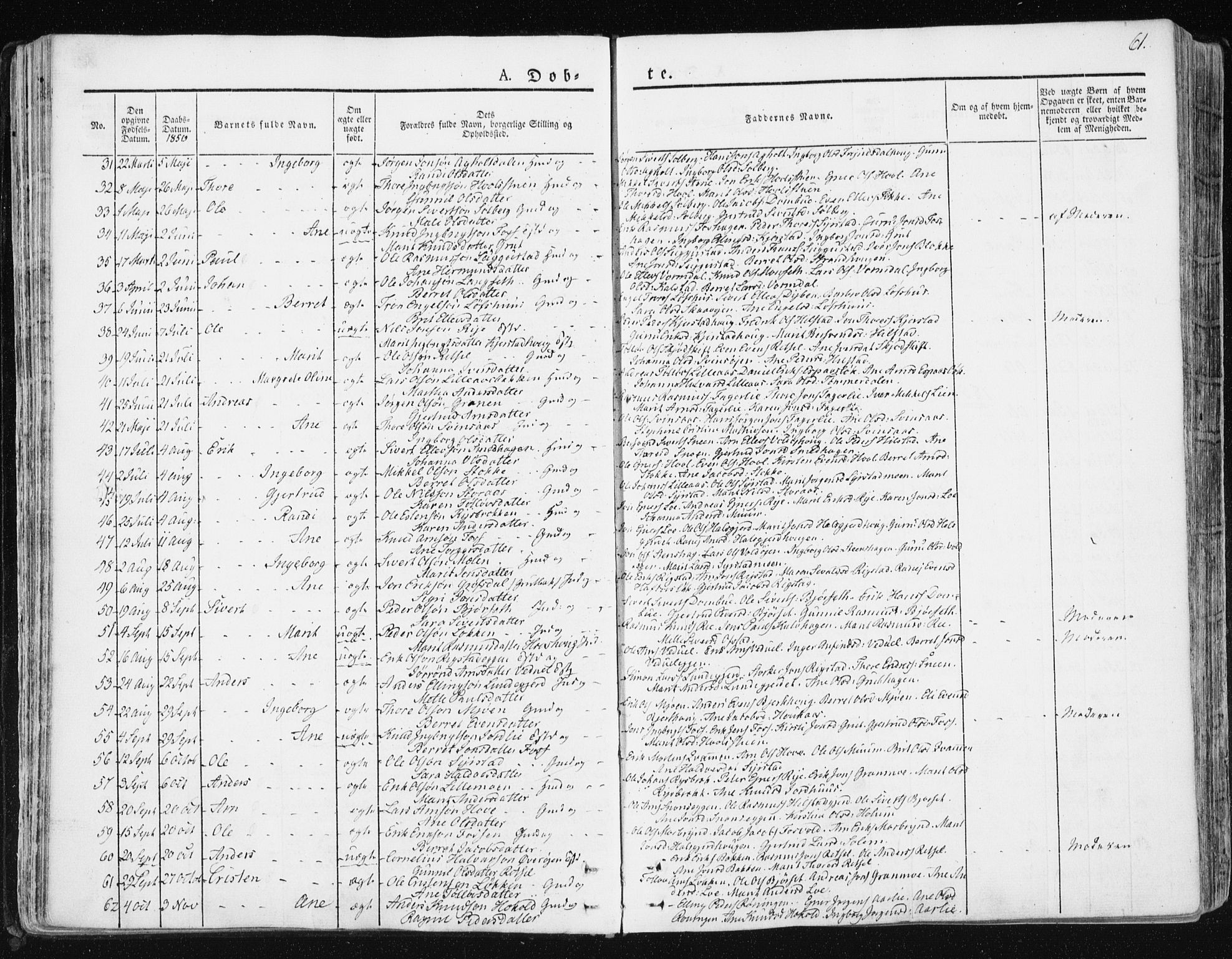 Ministerialprotokoller, klokkerbøker og fødselsregistre - Sør-Trøndelag, SAT/A-1456/672/L0855: Ministerialbok nr. 672A07, 1829-1860, s. 61