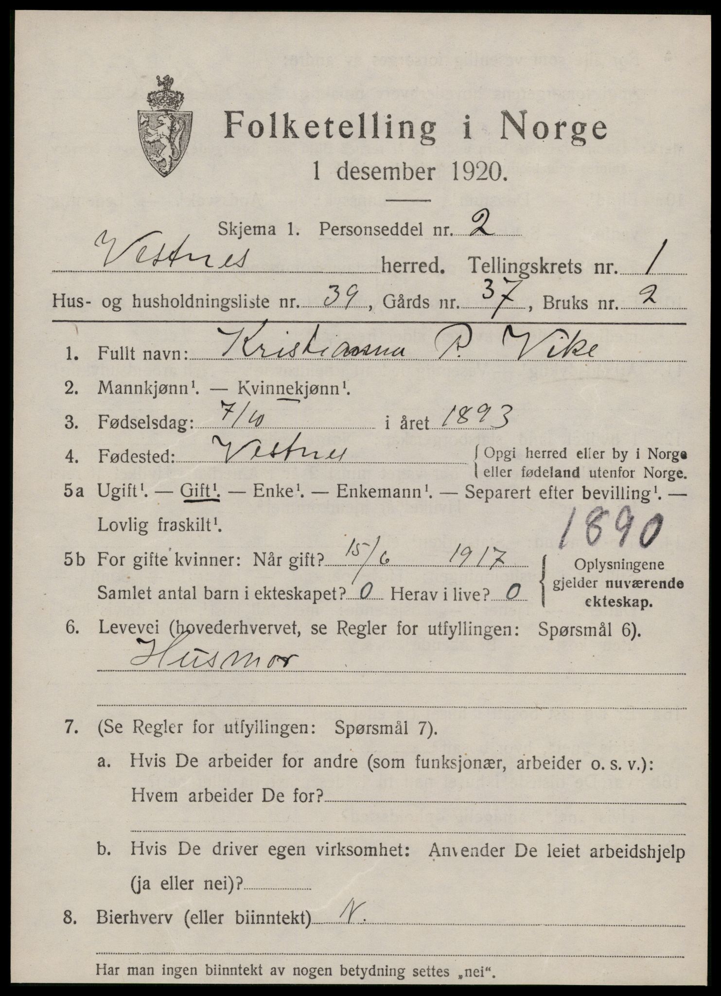 SAT, Folketelling 1920 for 1535 Vestnes herred, 1920, s. 1673