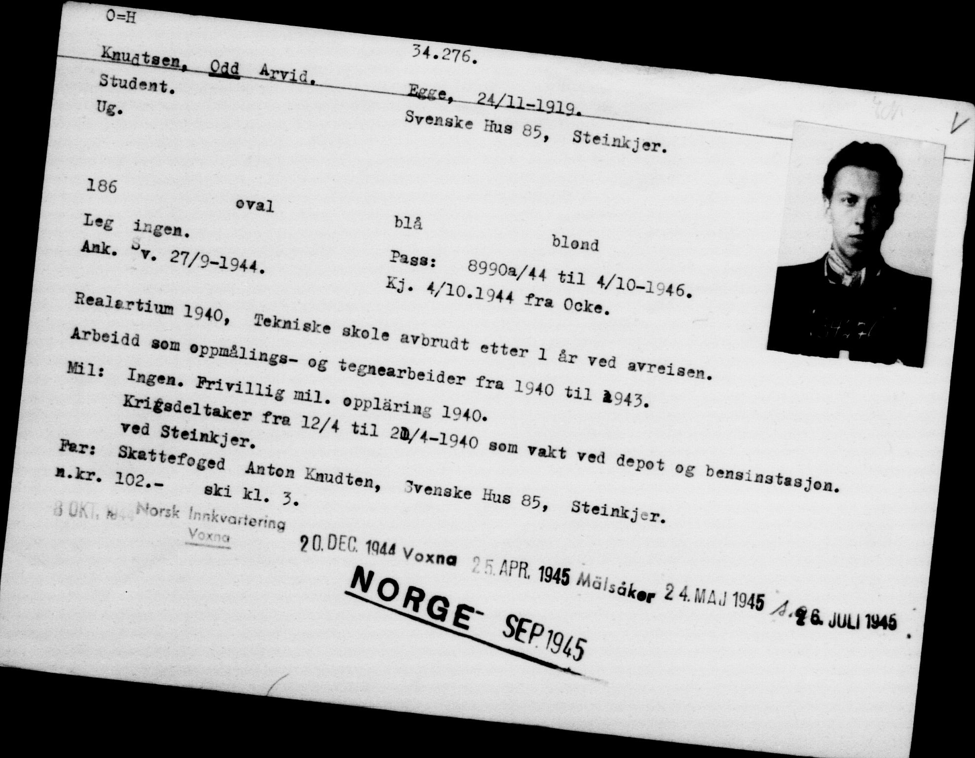Utenriksstasjonene, Legasjonen i Stockholm, Flyktningkontoret, AV/RA-S-6753/V/Va/L0013: Kjesäterkartoteket, flyktninger med registreringsnr. 31500-34731, 1940-1945, s. 2928
